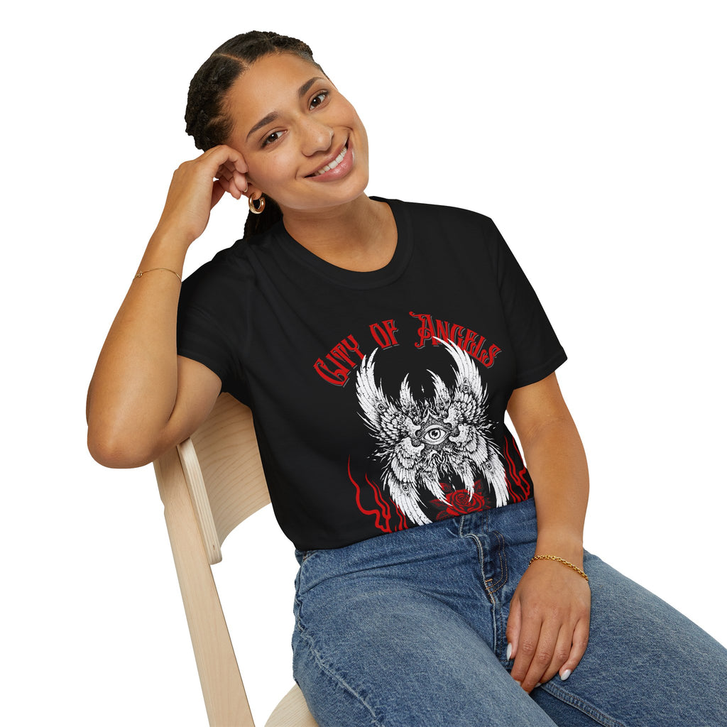 Winged Eye & Red Rose Graphic Tee — Streetwear T-Shirt - Goth Distressed Tee. Midnight Eye, LLC.