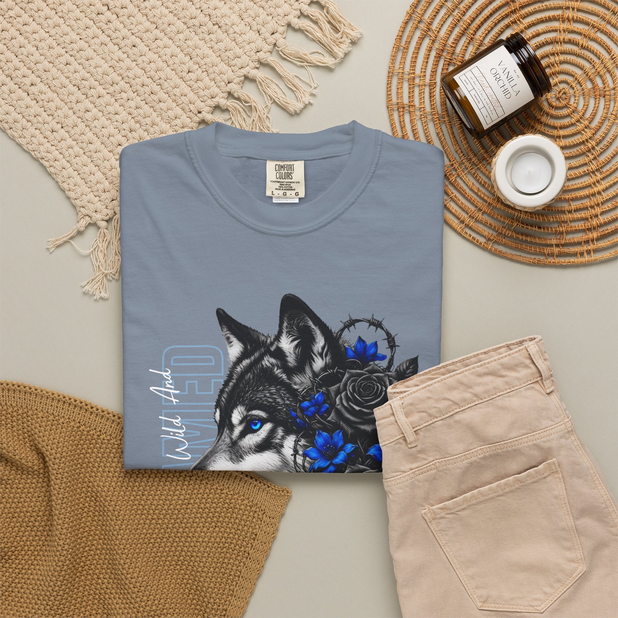 Wolf Floral T-Shirt — "Untamed" Graphic Tee with Blue & Black Roses. Midnight Eye, LLC.