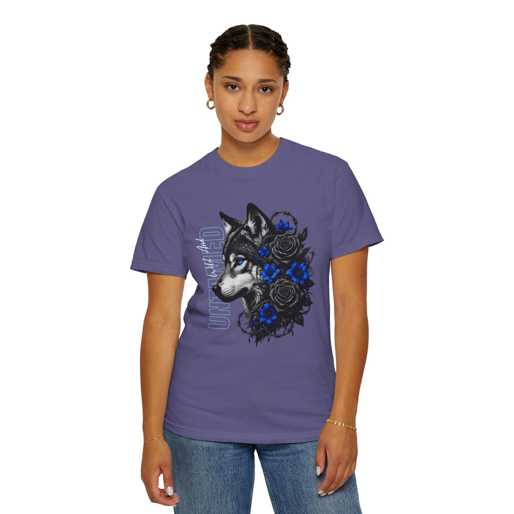 Wolf Floral T-Shirt — "Untamed" Graphic Tee with Blue & Black Roses. Midnight Eye, LLC.