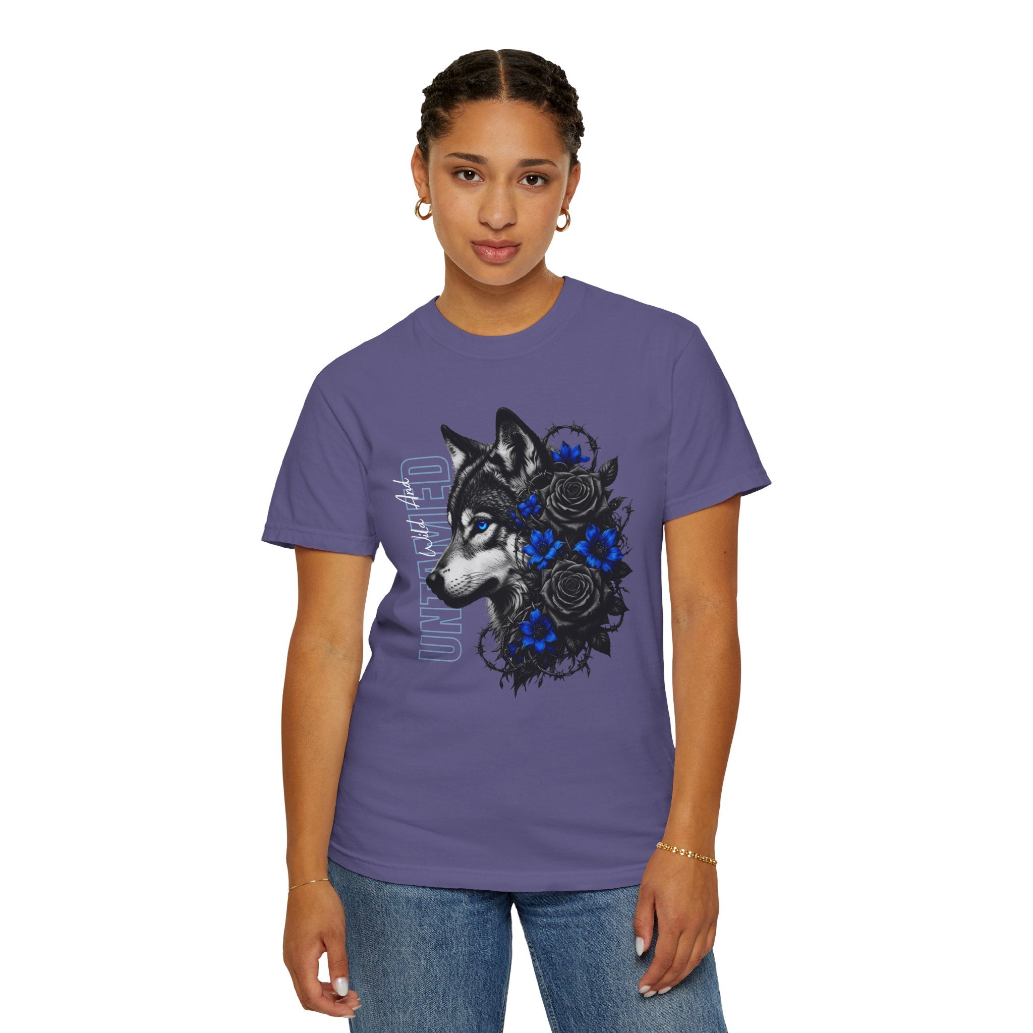Wolf Floral T-Shirt — "Untamed" Graphic Tee with Blue & Black Roses. Midnight Eye, LLC.