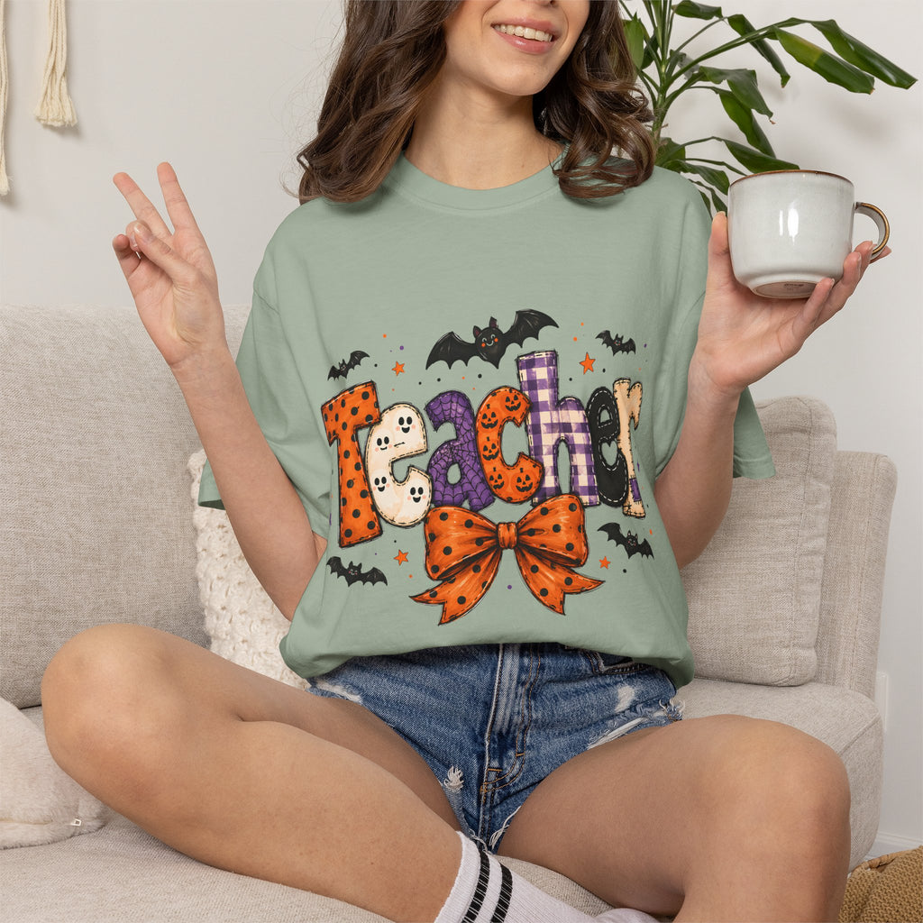 Teacher Halloween T-Shirt — Cute Spooky 'Teacher' Design with Bats & Bow