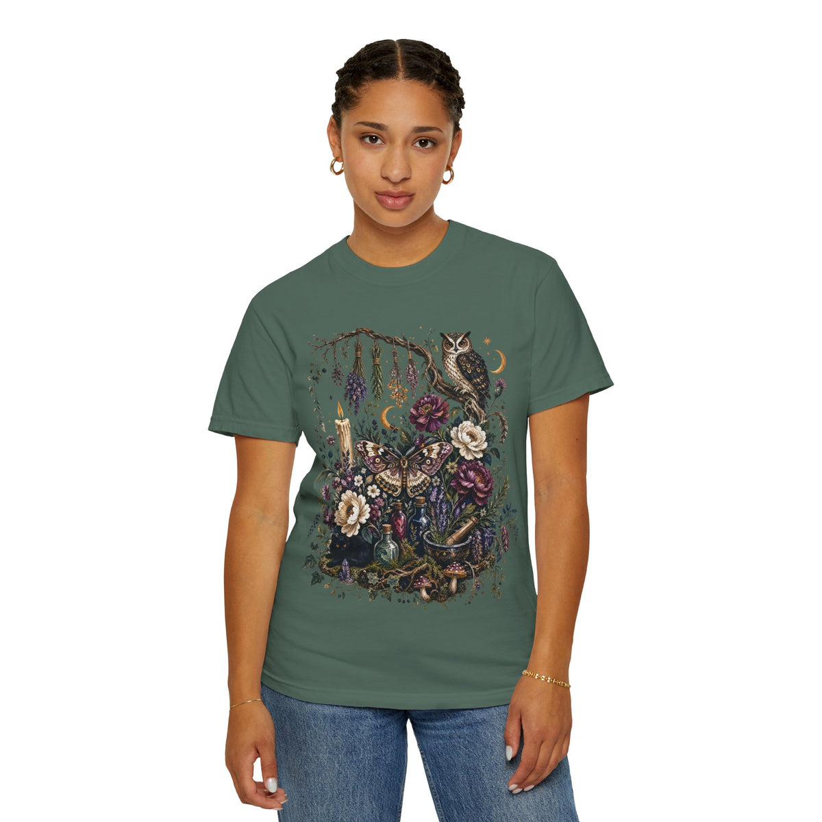 Mystical Forest Owl T-Shirt — Botanical Witchy Moonlight Art Tee, Midnight Eye, LLC