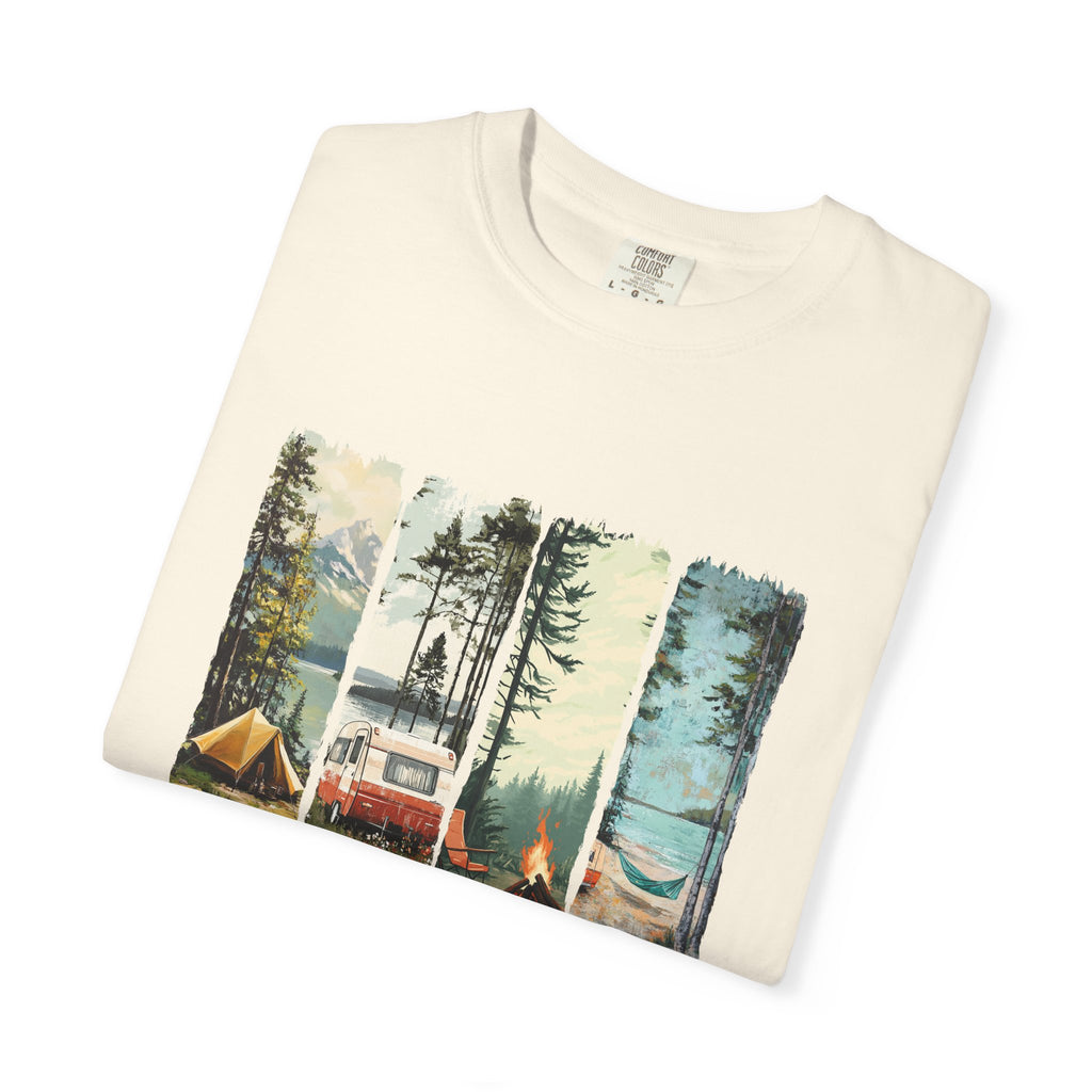 Camping Vibes T-Shirt — 'Camping Mode' Scenic Camper Retro Graphic Tee - Family Adventure Tee - Outdoor Tee - Midnight Eye, LLC