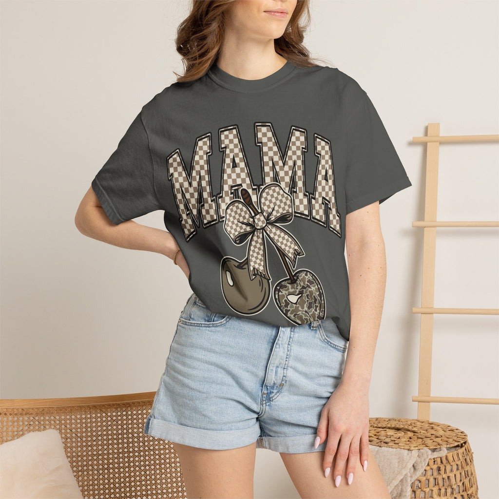 Mama Cherry Graphic T-Shirt — Retro Checkerboard Cherry Design. Midnight Eye, LLC