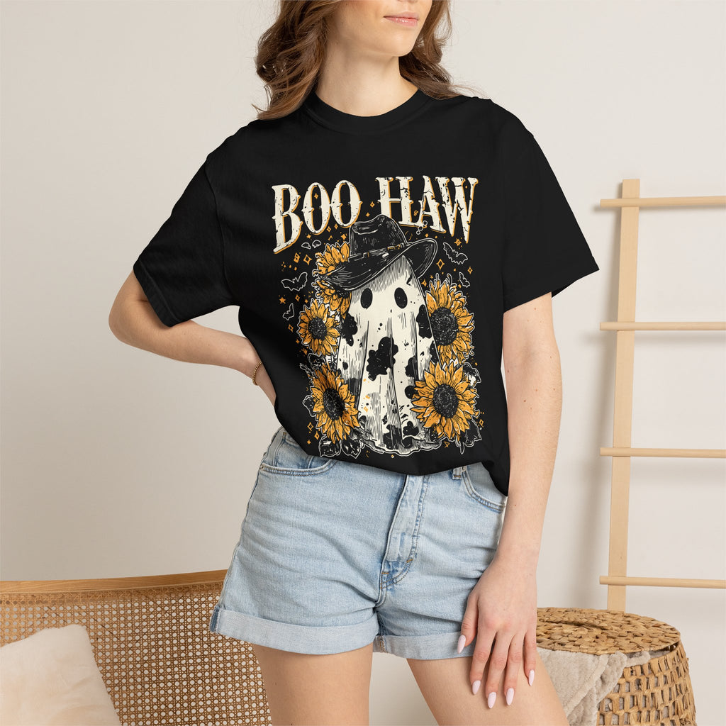Boo Haw Ghost Tee — Sunflower Halloween T-Shirt - Spooky Western Tee. Midnight Eye LLC.
