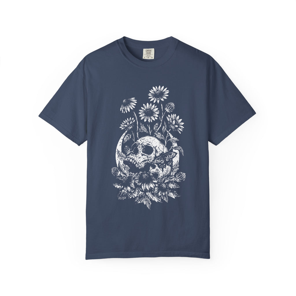Moon Skull & Daisies Graphic T-Shirt - Half Tone Alternative Tee. Midnight Eye, LLC