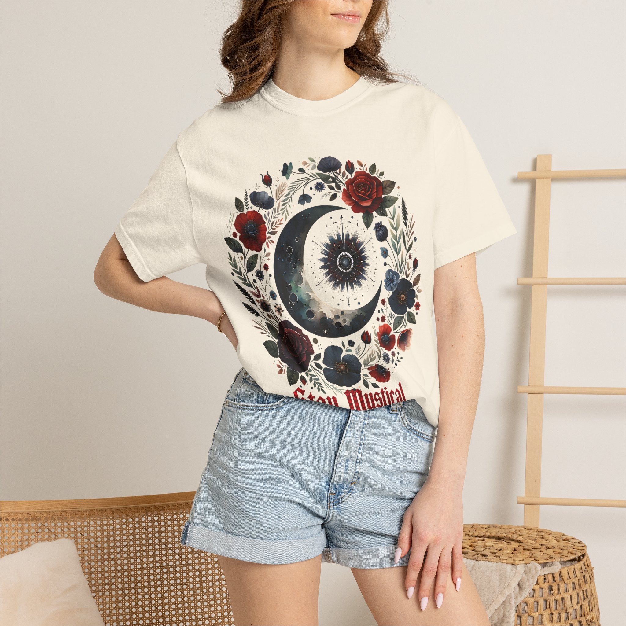 Mystical Moon T-Shirt — “Stay Mystical” Floral Crescent Tee - Dark Aesthetic T-Shirt, Mid Night Eye, LLC