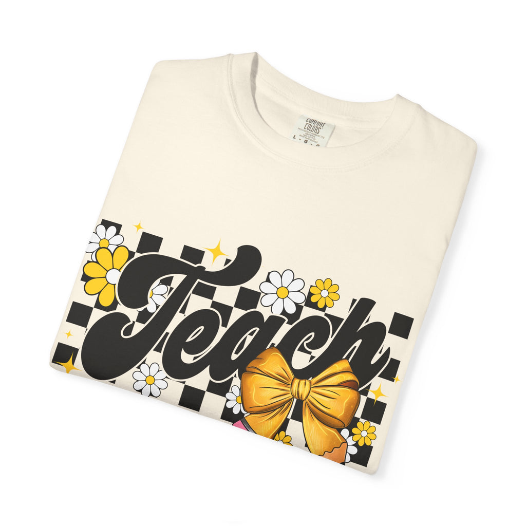 Teacher Floral Bow T-Shirt — 'Teach' Checkerboard Design