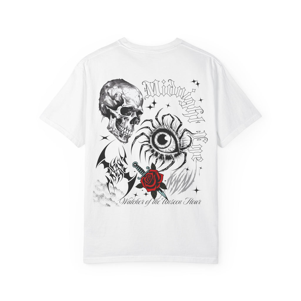 Graphic Skull & Red Rose Gothic T‑Shirt - Edgy Streetwear T-Shirt - Vintage Tee - Dark Aesthetic Tee - Midnight Eye, LLC