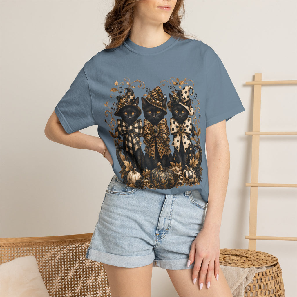 Halloween Black Cats & Pumpkins T-Shirt — Autumn Spooky Vintage Tee. Midnight Eye, LLC