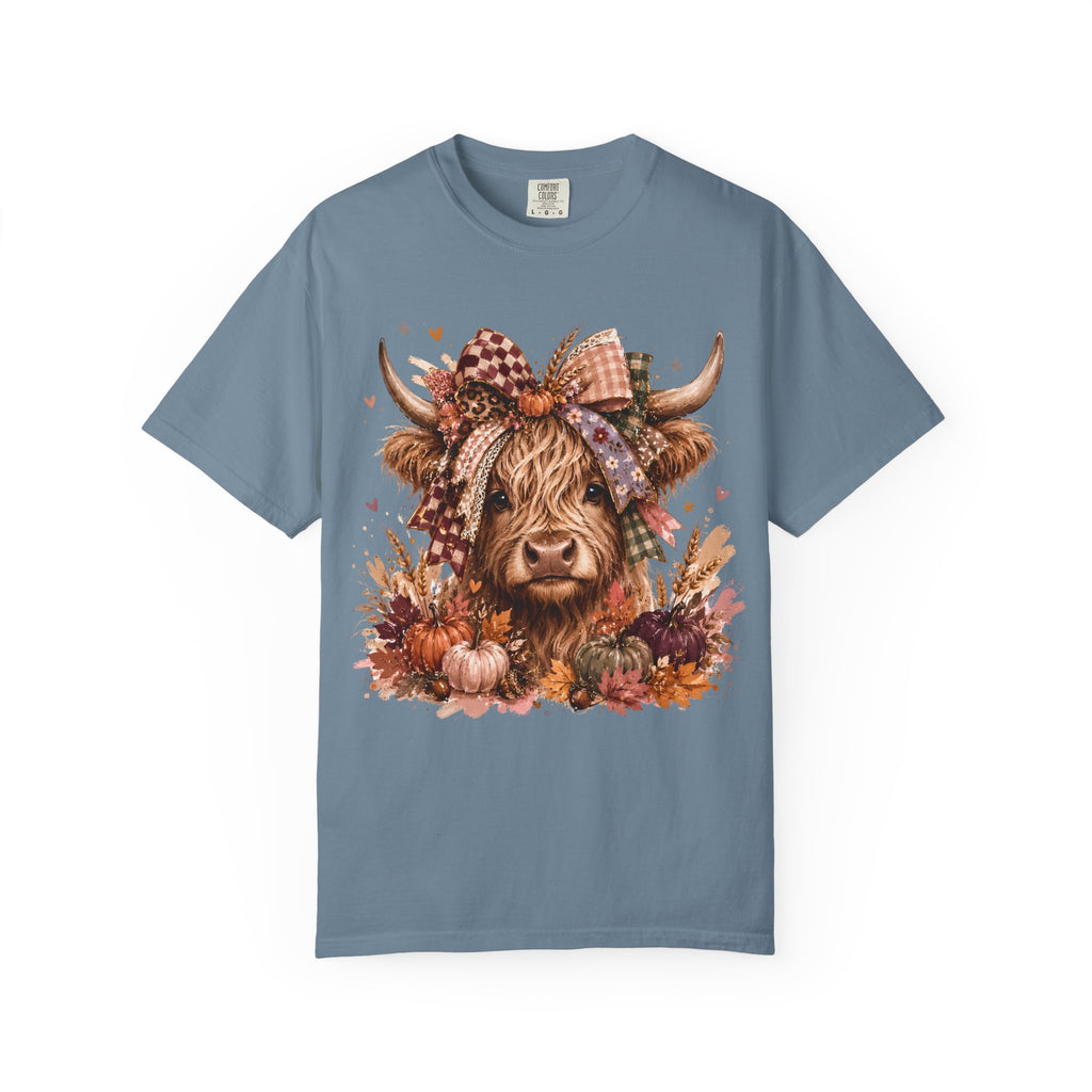 Autumn Highland Cow T-Shirt — Cute Fall Cow and Pumpkins Graphic Tee. Midnight Eye, LLC