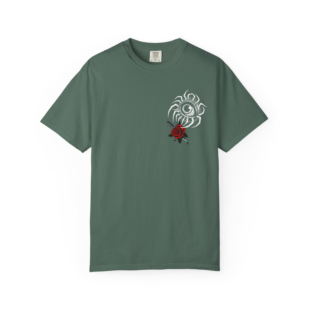 Skull & Red Rose Graphic T-Shirt — Midnight Rose Back Print - Eye T-Shirt - Mystical Tee - Dark Aesthetic Tee - Midnight Eye, LLC