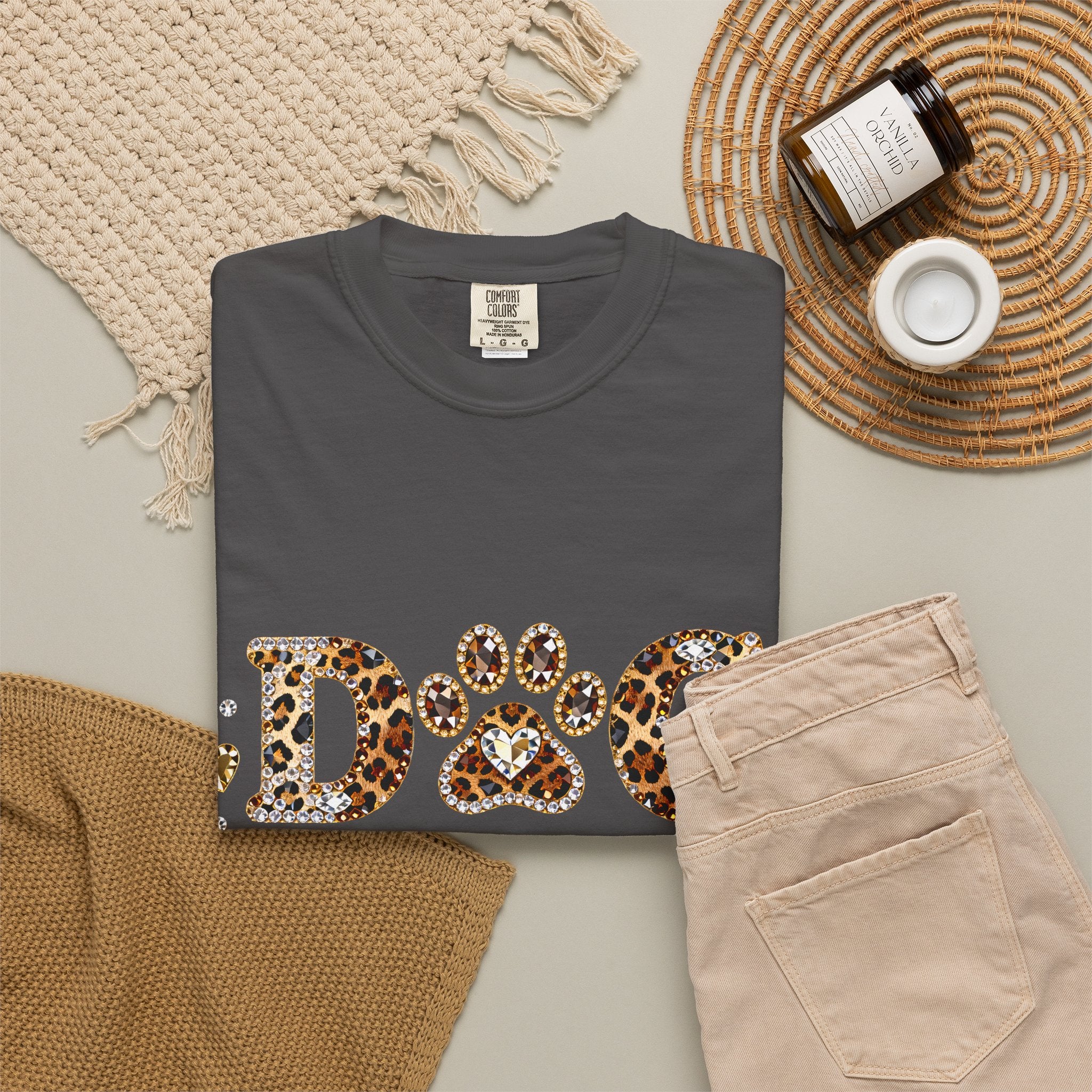 Faux Diamond Print Dog Mama Leopard Paw T-Shirt — Vintage Dog Mom Tee. Midnight Eye, LLC. 