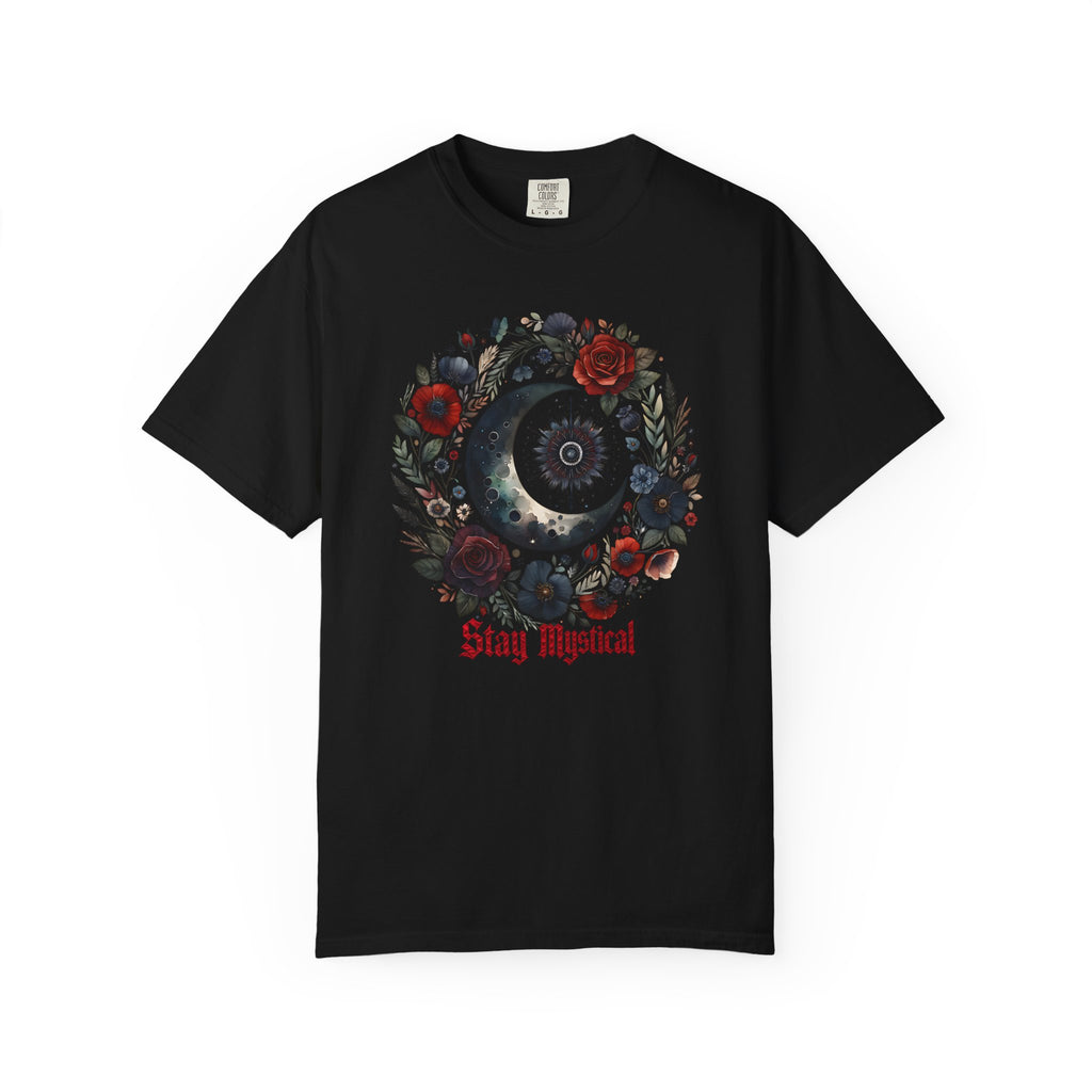 Mystical Moon T-Shirt — “Stay Mystical” Floral Crescent Tee - Dark Aesthetic T-Shirt - Midnight Eye, LLC