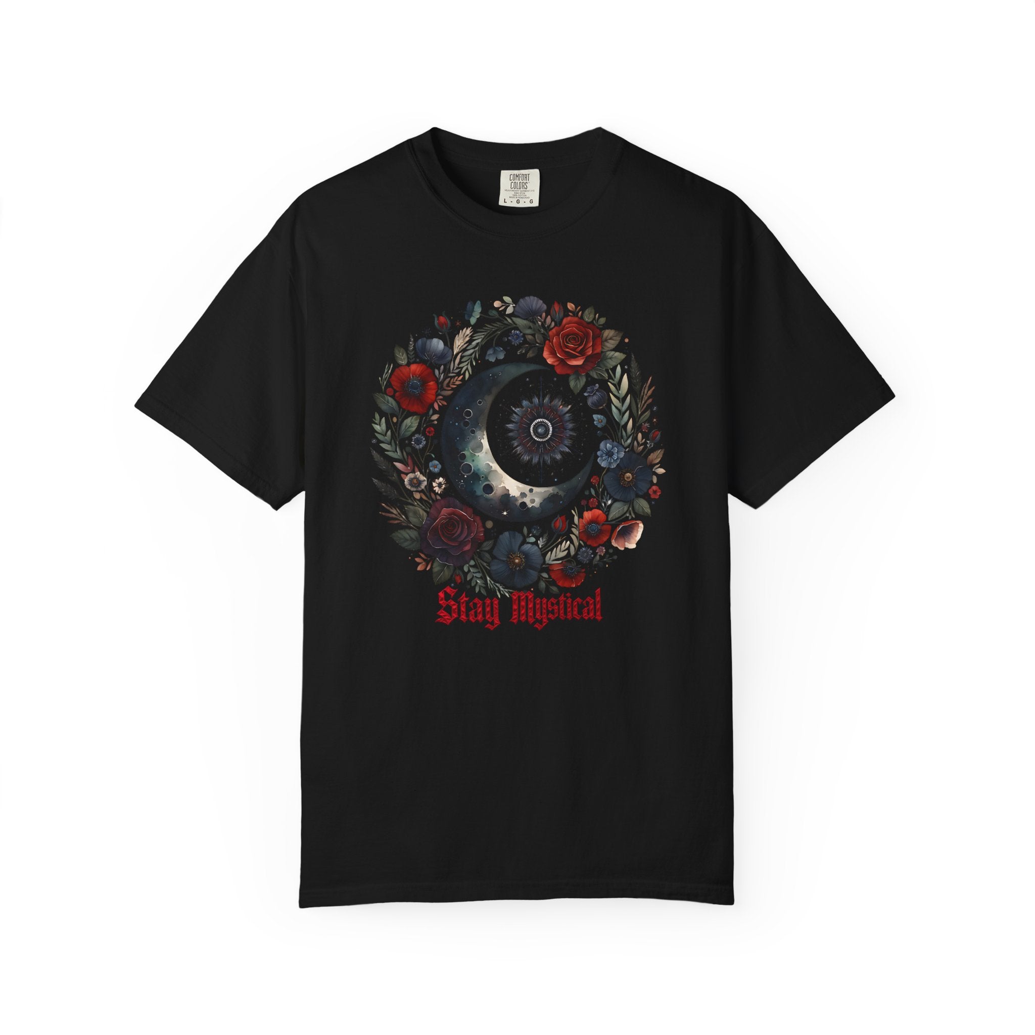 Mystical Moon T-Shirt — “Stay Mystical” Floral Crescent Tee - Dark Aesthetic T-Shirt - Midnight Eye, LLC