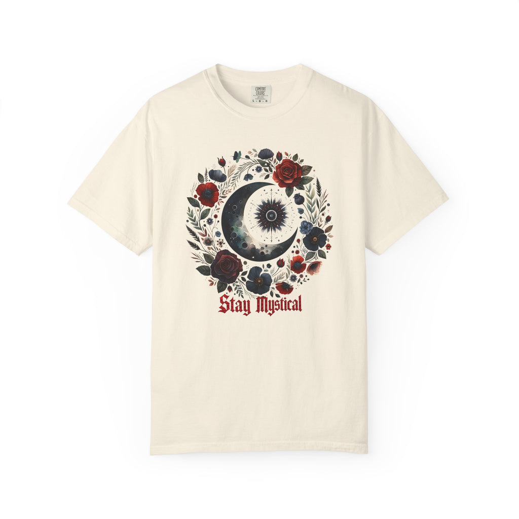 Mystical Moon T-Shirt — “Stay Mystical” Floral Crescent Tee - Dark Aesthetic T-Shirt - Midnight Eye, LLC