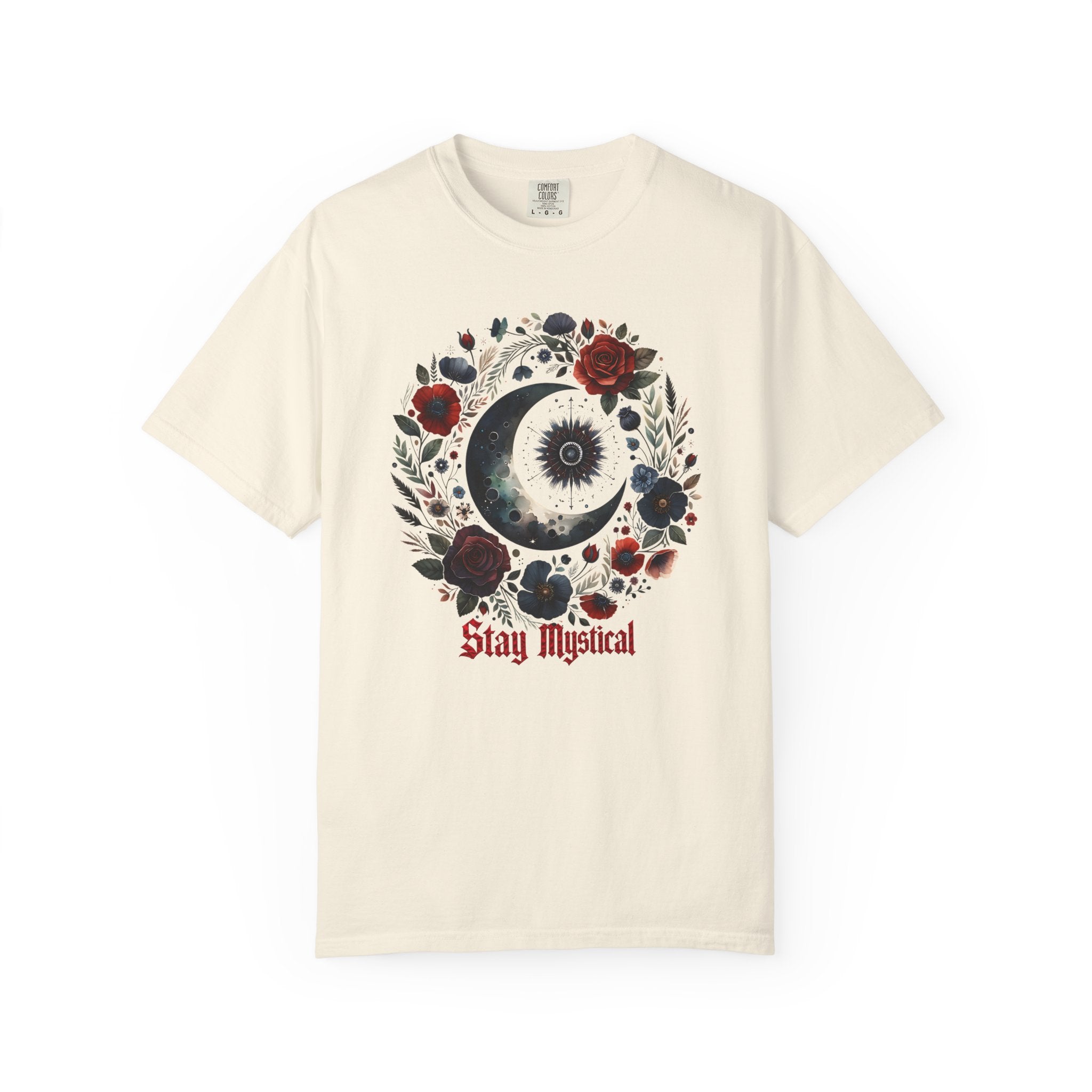 Mystical Moon T-Shirt — “Stay Mystical” Floral Crescent Tee - Dark Aesthetic T-Shirt - Midnight Eye, LLC