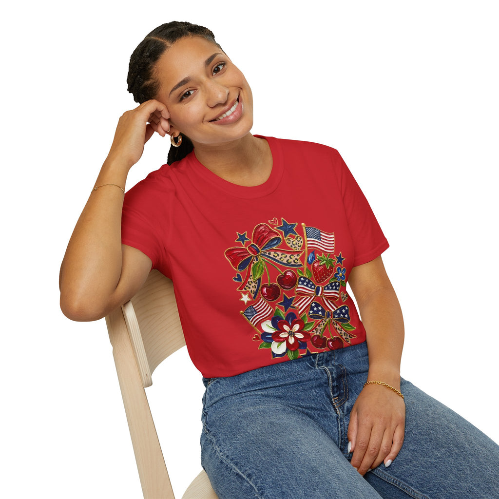 Patriotic Floral Americana T-Shirt - Faux Acrylic Paint Design - 4th of July T-Shirt - Midnight Eye, LLC