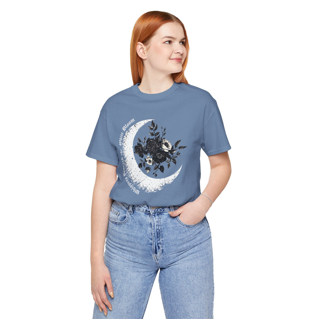 Moonflower Moon Tee — Floral Crescent Moon Graphic T-Shirt - Gothic Moon & Flowers Tee