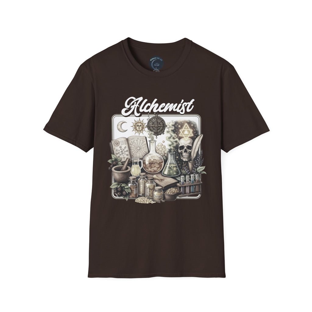 Alchemist Graphic T-Shirt — Vintage Apothecary Potion & Skull Design - Mystical Tee. Midnight Eye, LLC