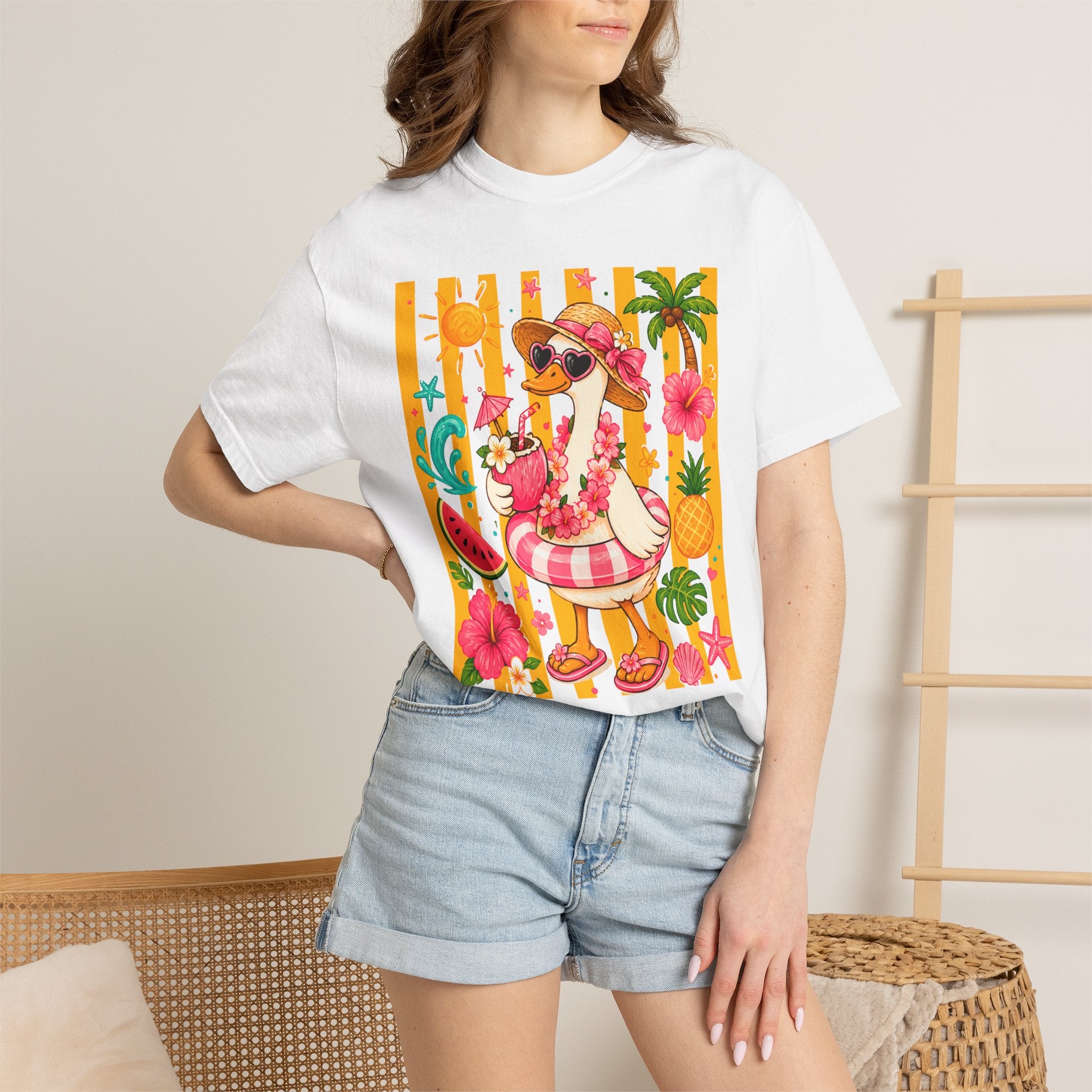 Silly Goose & Flamingo Tropical Beach Tee — Summer Vacation Shirt. Midnight Eye, LLC