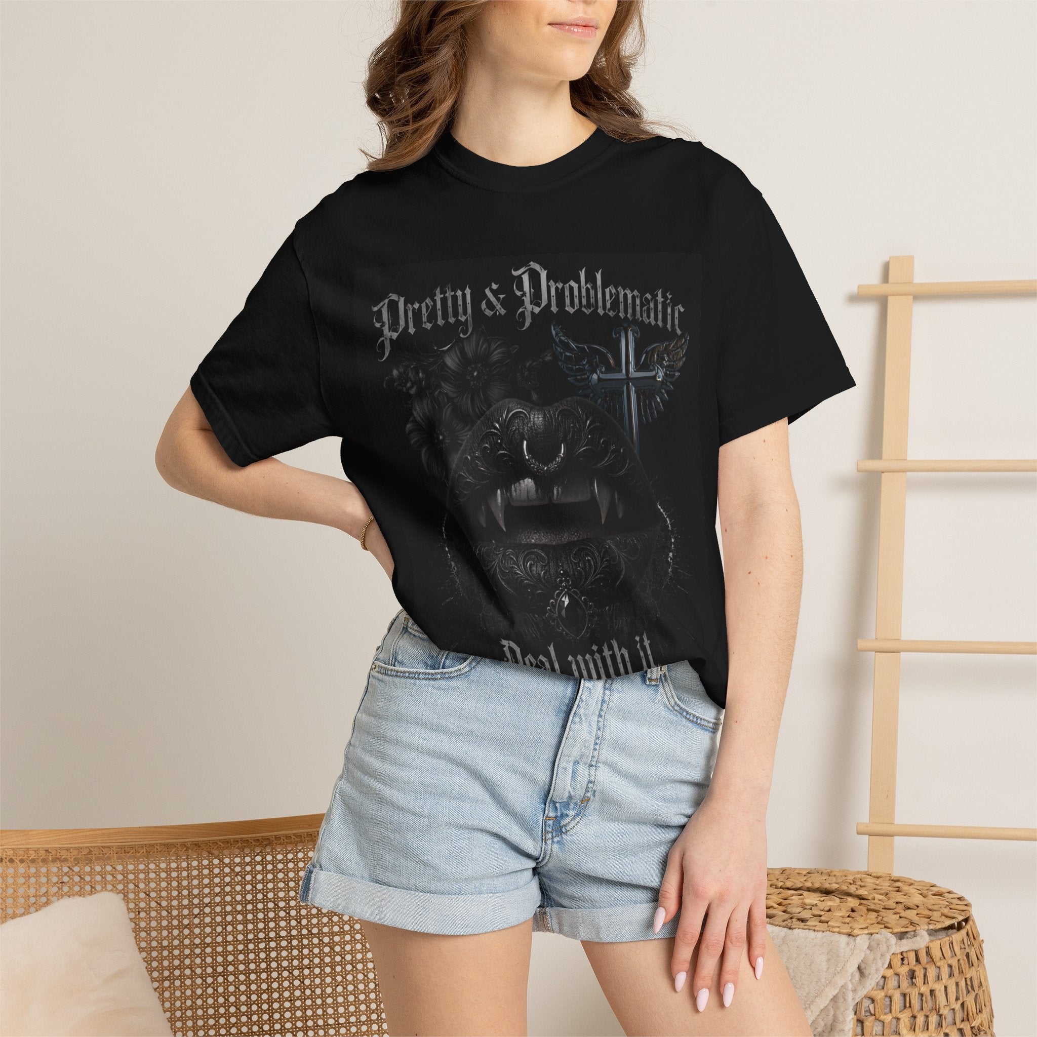 Pretty & Problematic Graphic T‑Shirt — 'Deal With It' Gothic Lips and Fangs Design