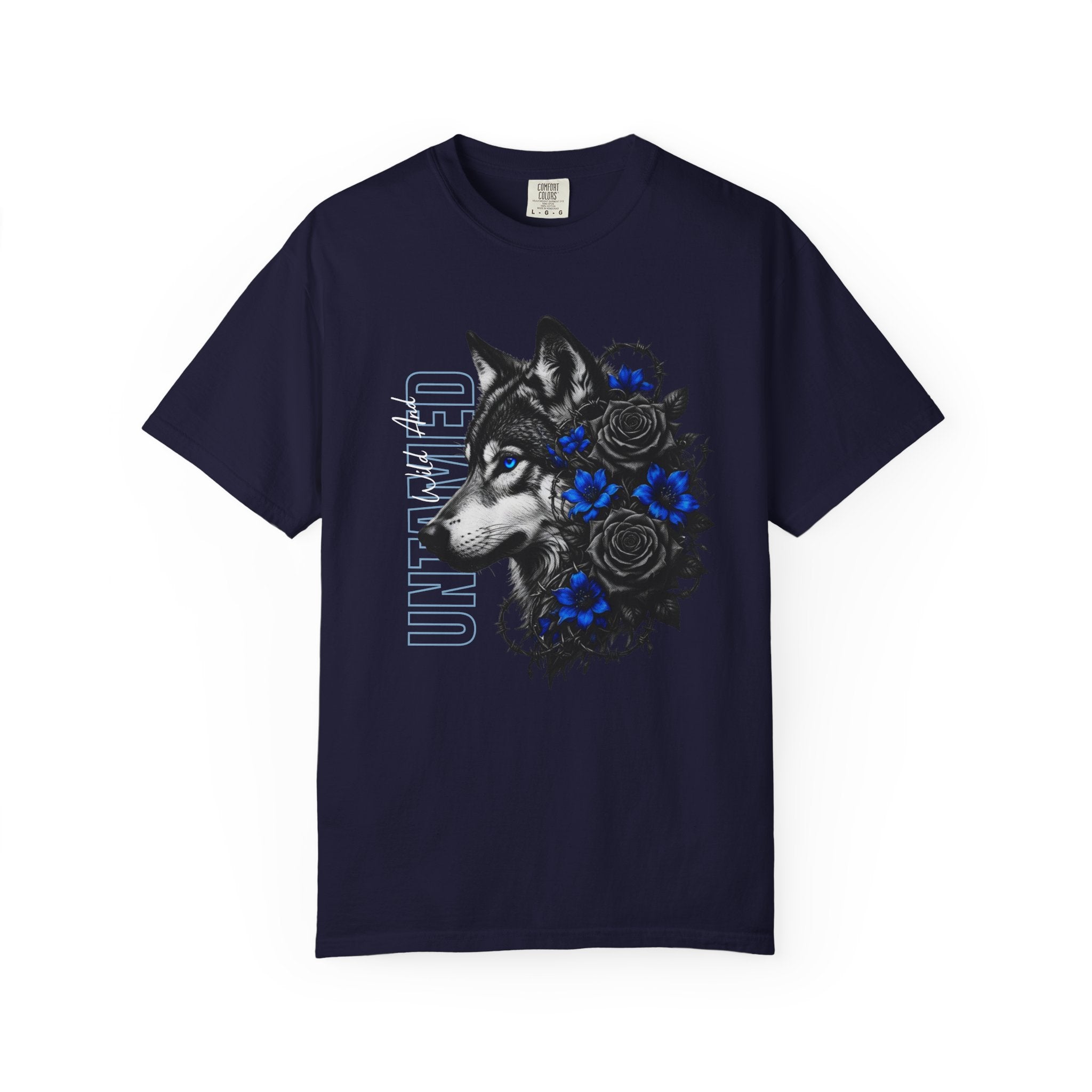 Wolf Floral T-Shirt — "Untamed" Graphic Tee with Blue & Black Roses. Midnight Eye, LLC.