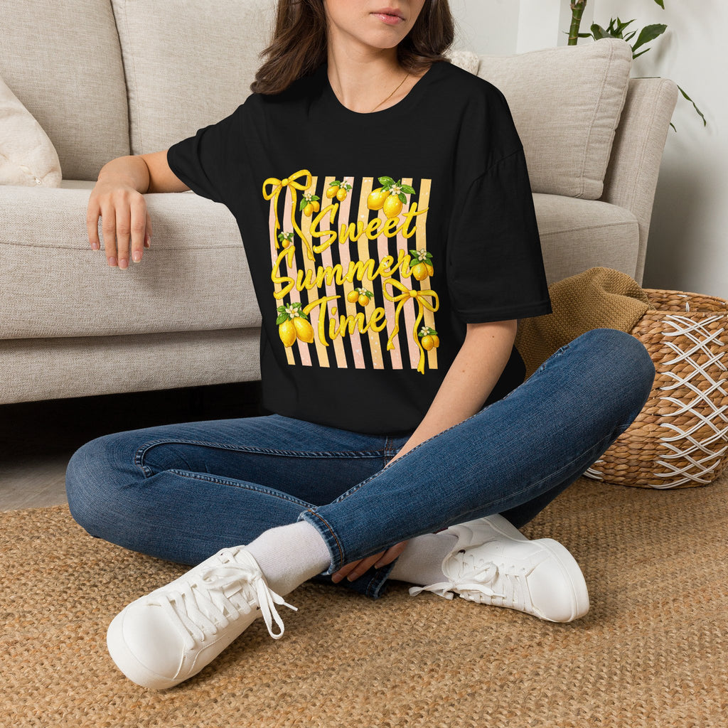 Sweet Summer Lemon Striped T-Shirt - Cute Bows Colorful Summer T-Shirt. Midnight Eye, LLC.