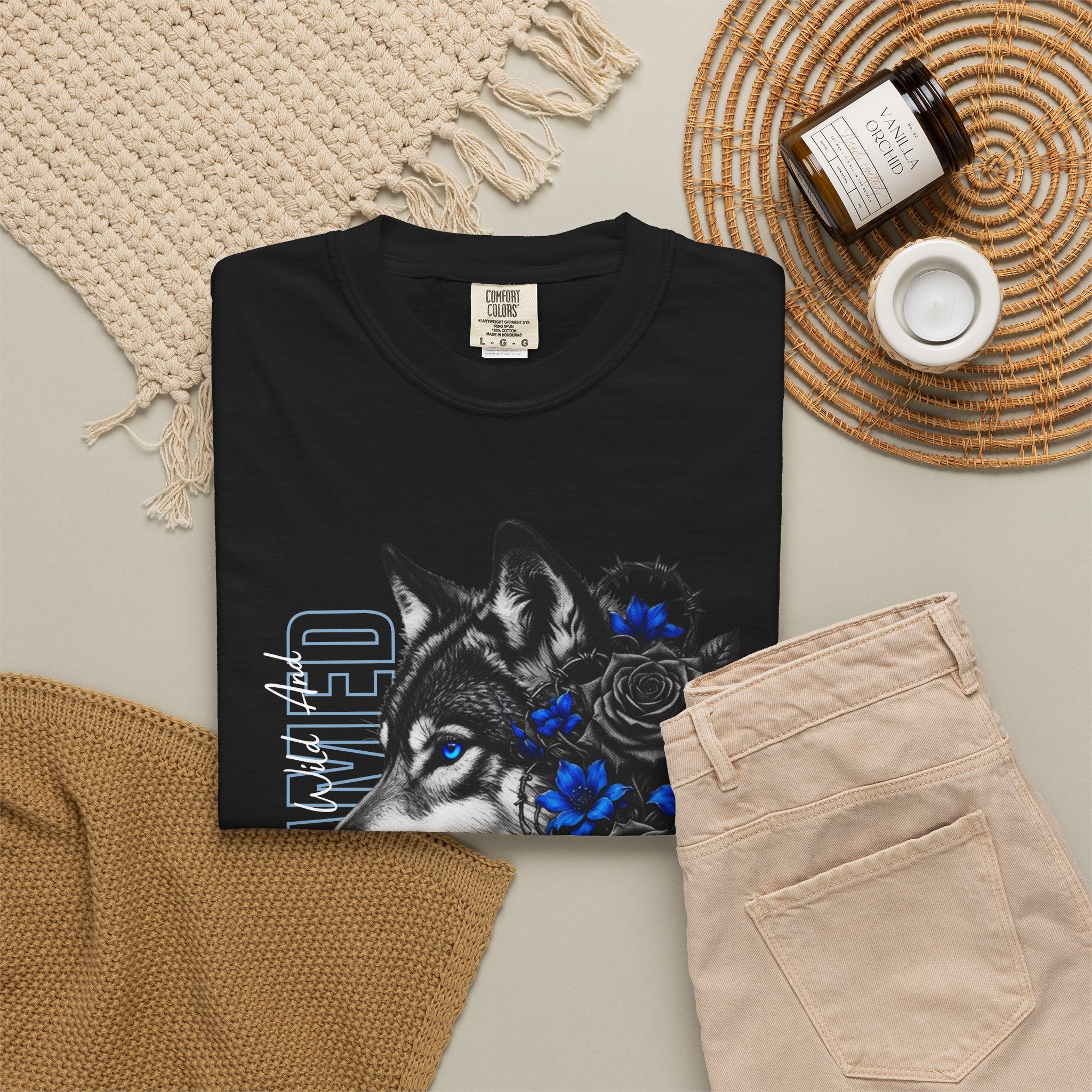 Wolf Floral T-Shirt — "Untamed" Graphic Tee with Blue & Black Roses. Midnight Eye, LLC.