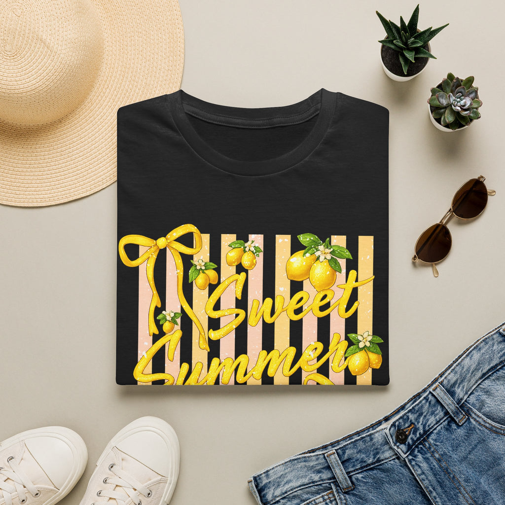 Sweet Summer Lemon Striped T-Shirt - Cute Bows Colorful Summer T-Shirt. Midnight Eye, LLC