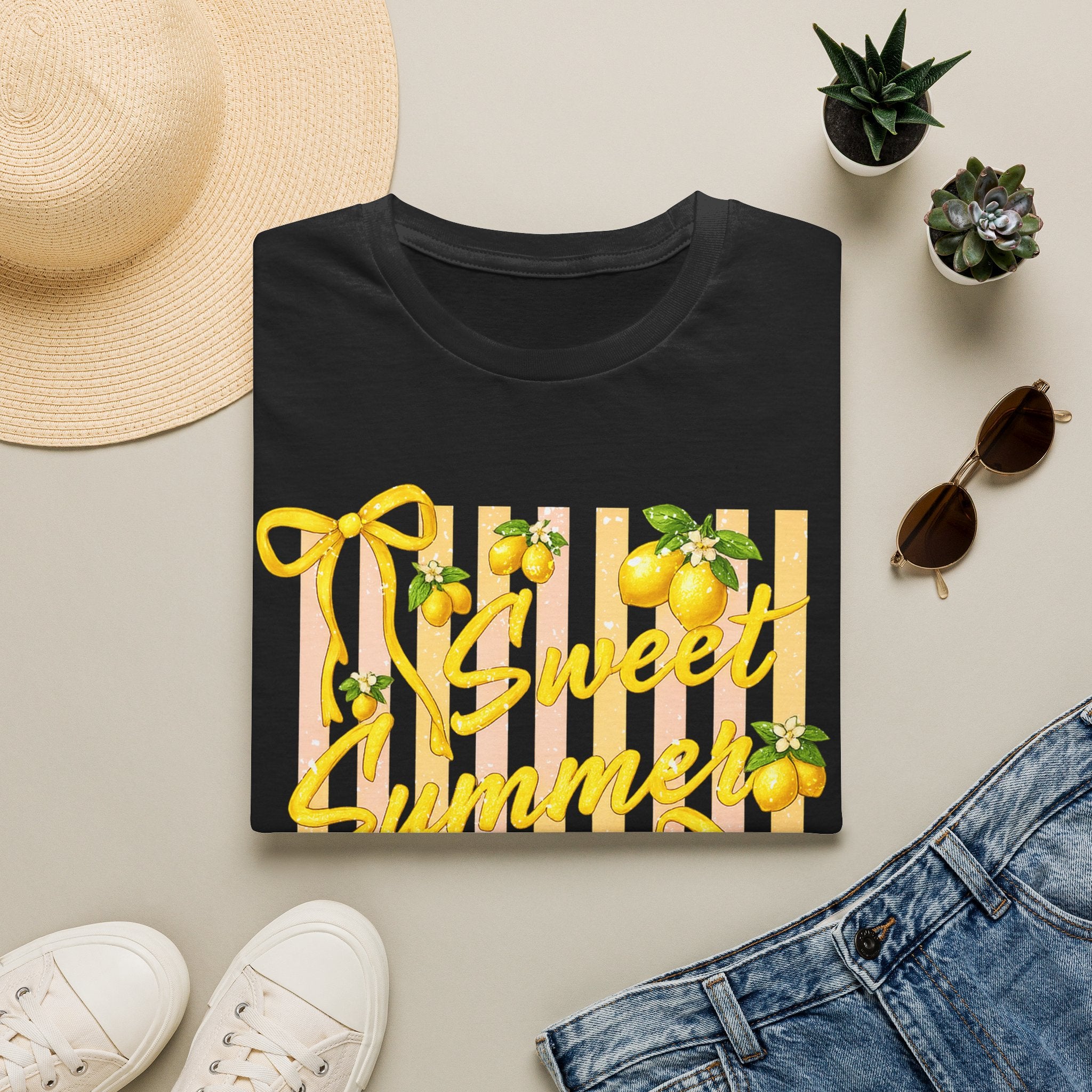 Sweet Summer Lemon Striped T-Shirt - Cute Bows Colorful Summer T-Shirt. Midnight Eye, LLC