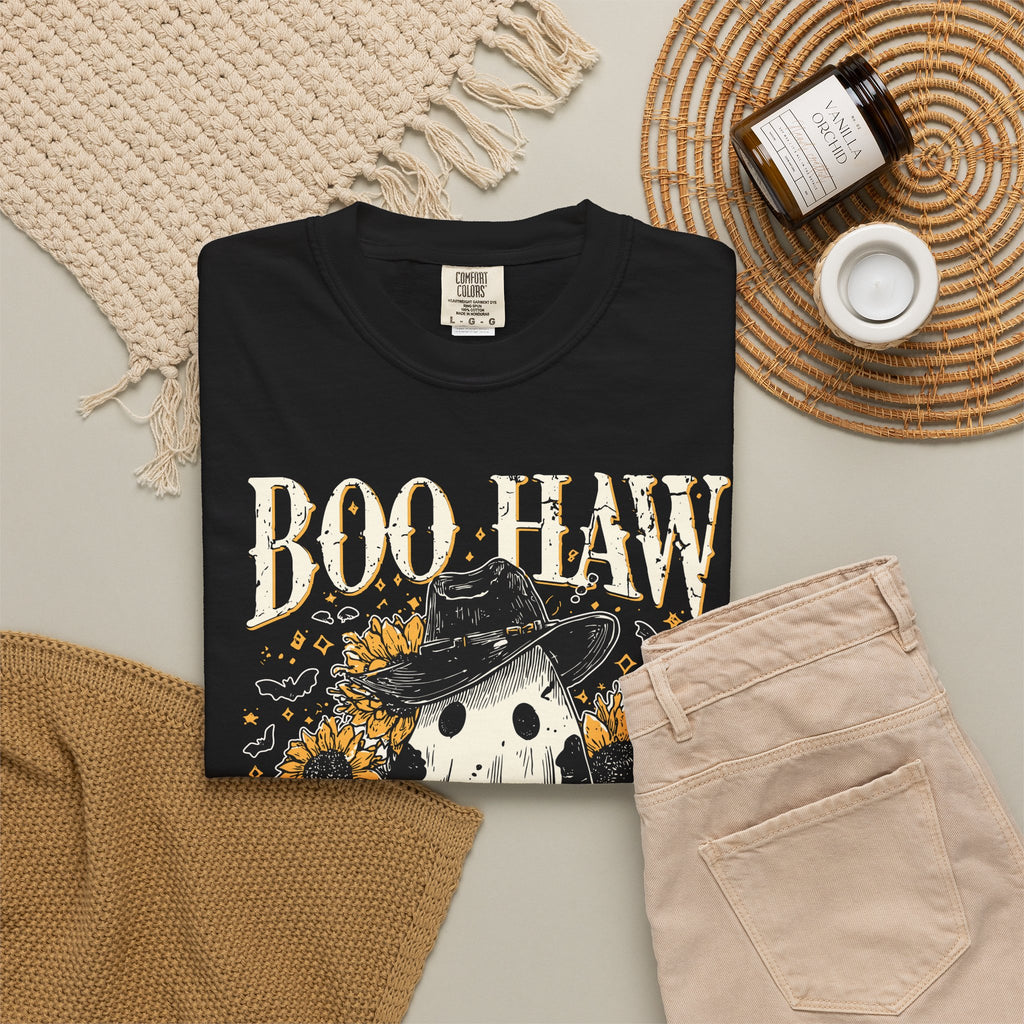 Boo Haw Ghost Tee — Sunflower Halloween T-Shirt - Spooky Western Tee. Midnight Eye LLC.