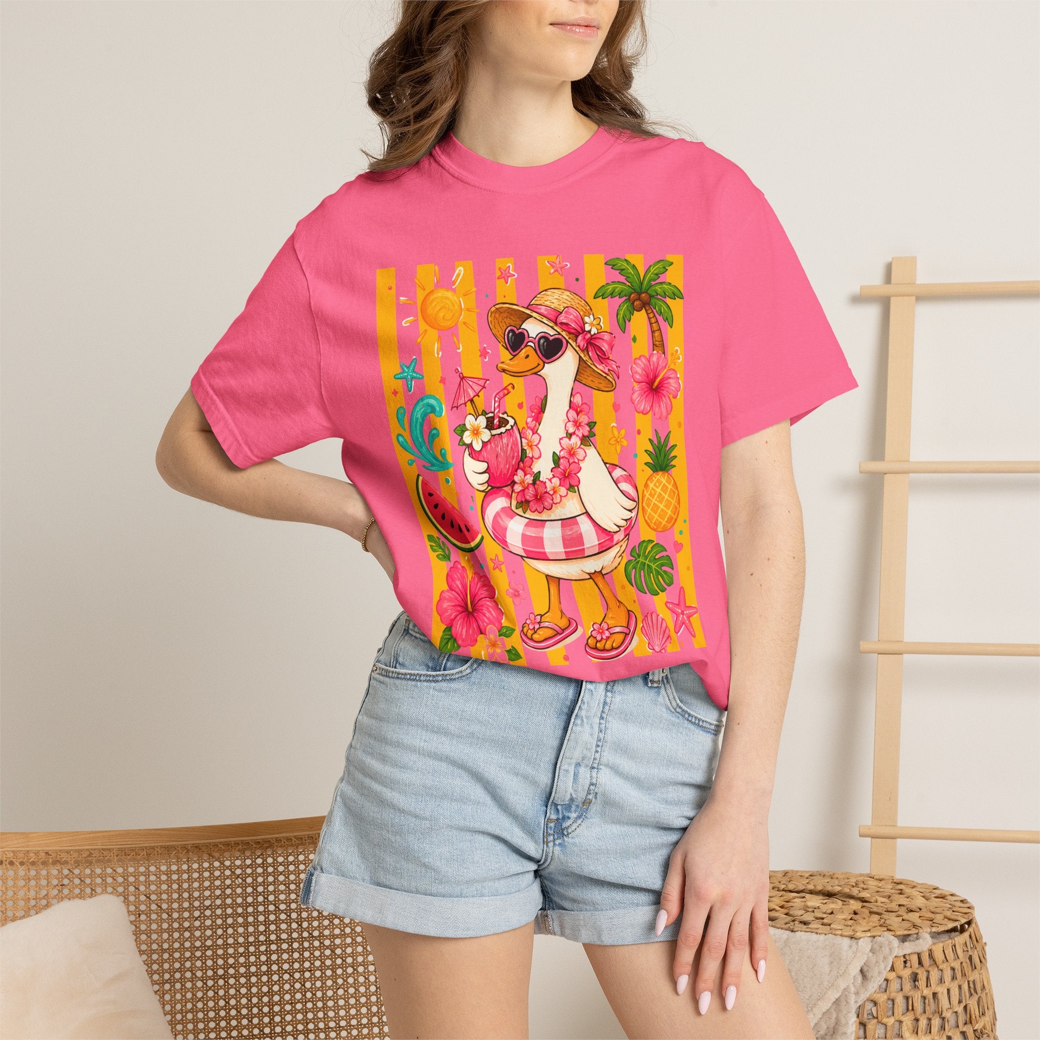 Silly Goose & Flamingo Tropical Beach Tee — Summer Vacation Shirt. Midnight Eye, LLC