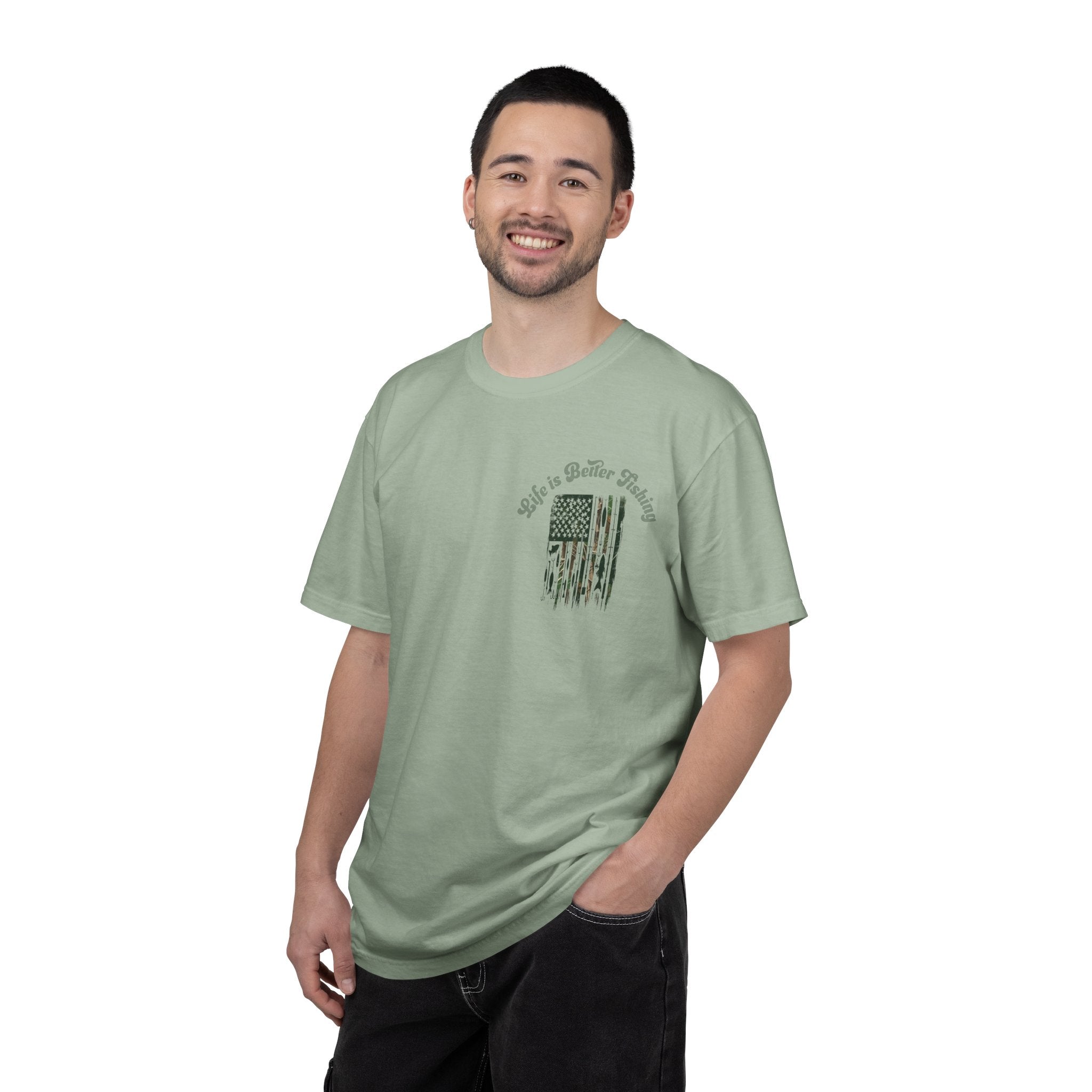 Fishing Flag T-Shirt — "Life is Better Fishing" Graphic Tee - Patriotic Tee - Father's Day T-Shirt - Midnight Eye, LLC