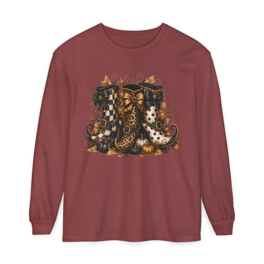 Halloween Witch Boots Long Sleeve T-Shirt — Vintage Spooky Pumpkin & Bows. Midnight Eye, LLC
