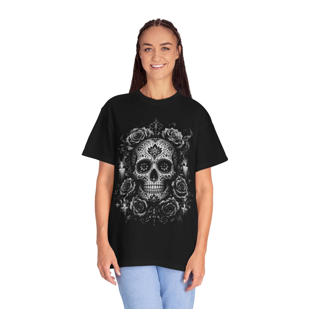 Sugar Skull & Roses T-Shirt — Gothic Day of the Dead Skull Tee. Midnight Eye, LLC