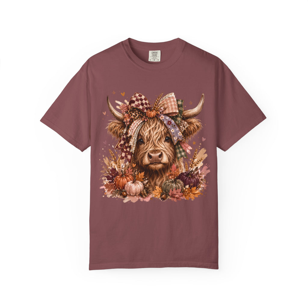 Autumn Highland Cow T-Shirt — Cute Fall Cow and Pumpkins Graphic Tee. Midnight Eye, LLC