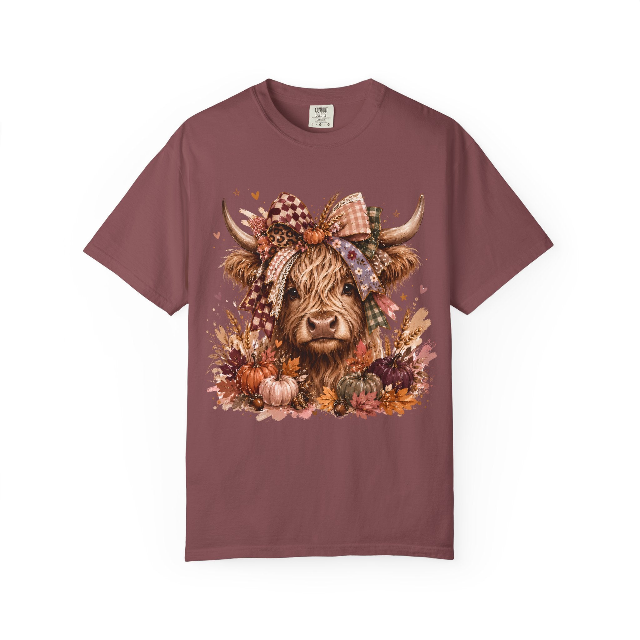 Autumn Highland Cow T-Shirt — Cute Fall Cow and Pumpkins Graphic Tee. Midnight Eye, LLC