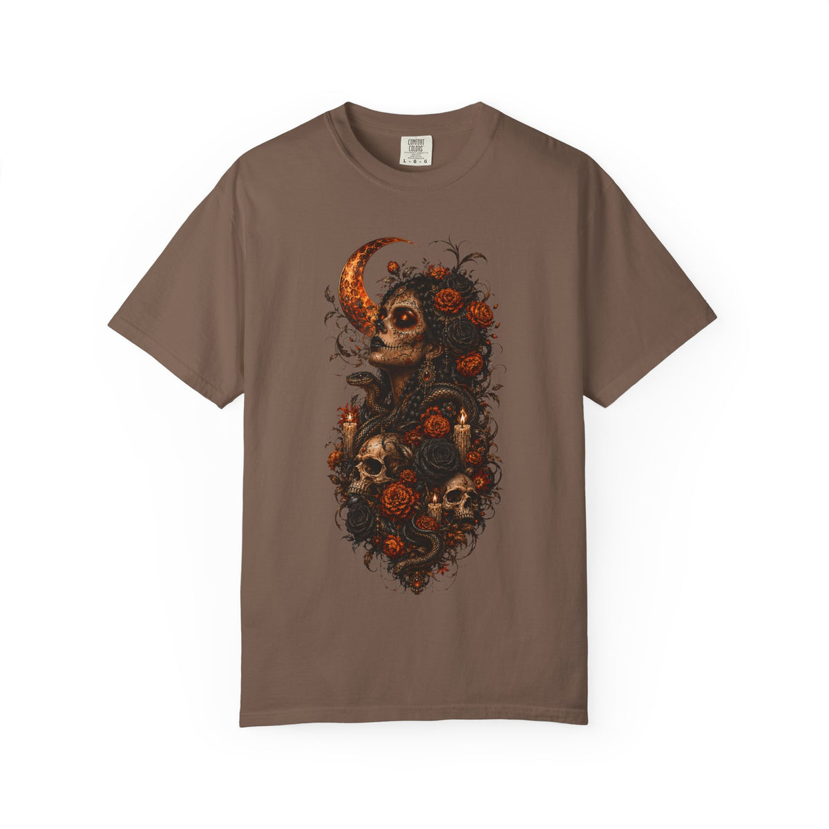 Skull & Rose Moon Tee — Gothic Floral Graphic T-Shirt - Day of the Dead Tee. Midnight Eye, LLC