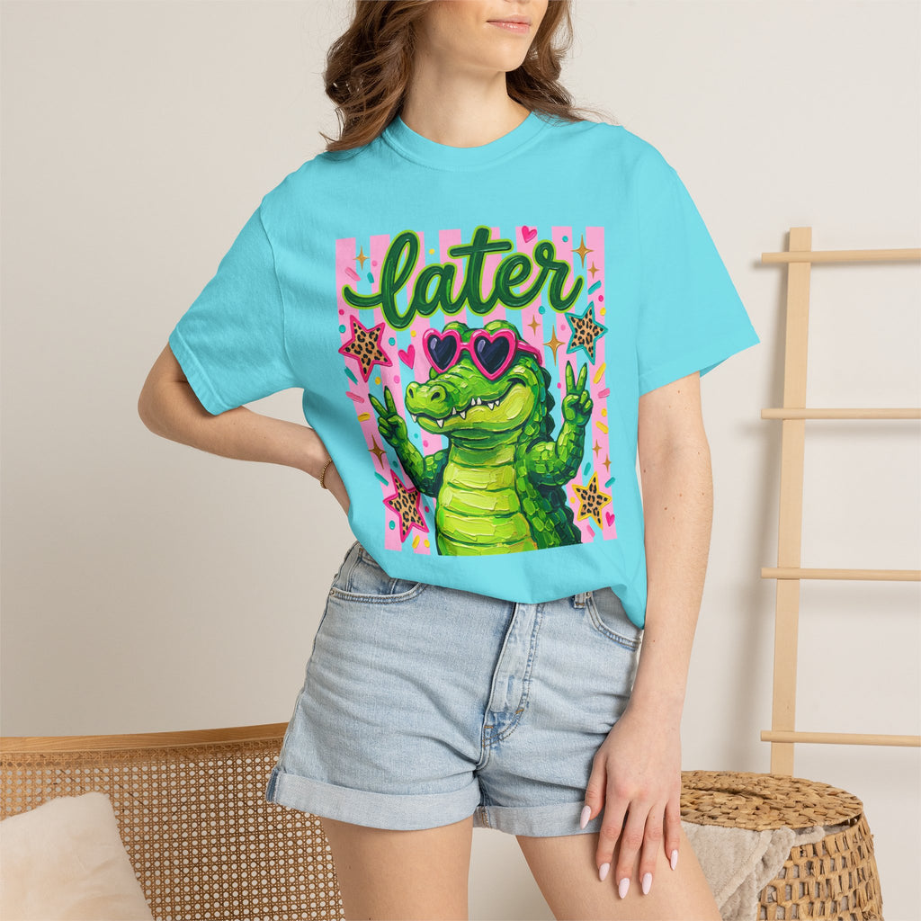 Funny Coquette Faux Brushstroke Stripped T-Shirt - Funny Alligator with Sunglasses Tee - Midnight Eye, LLC