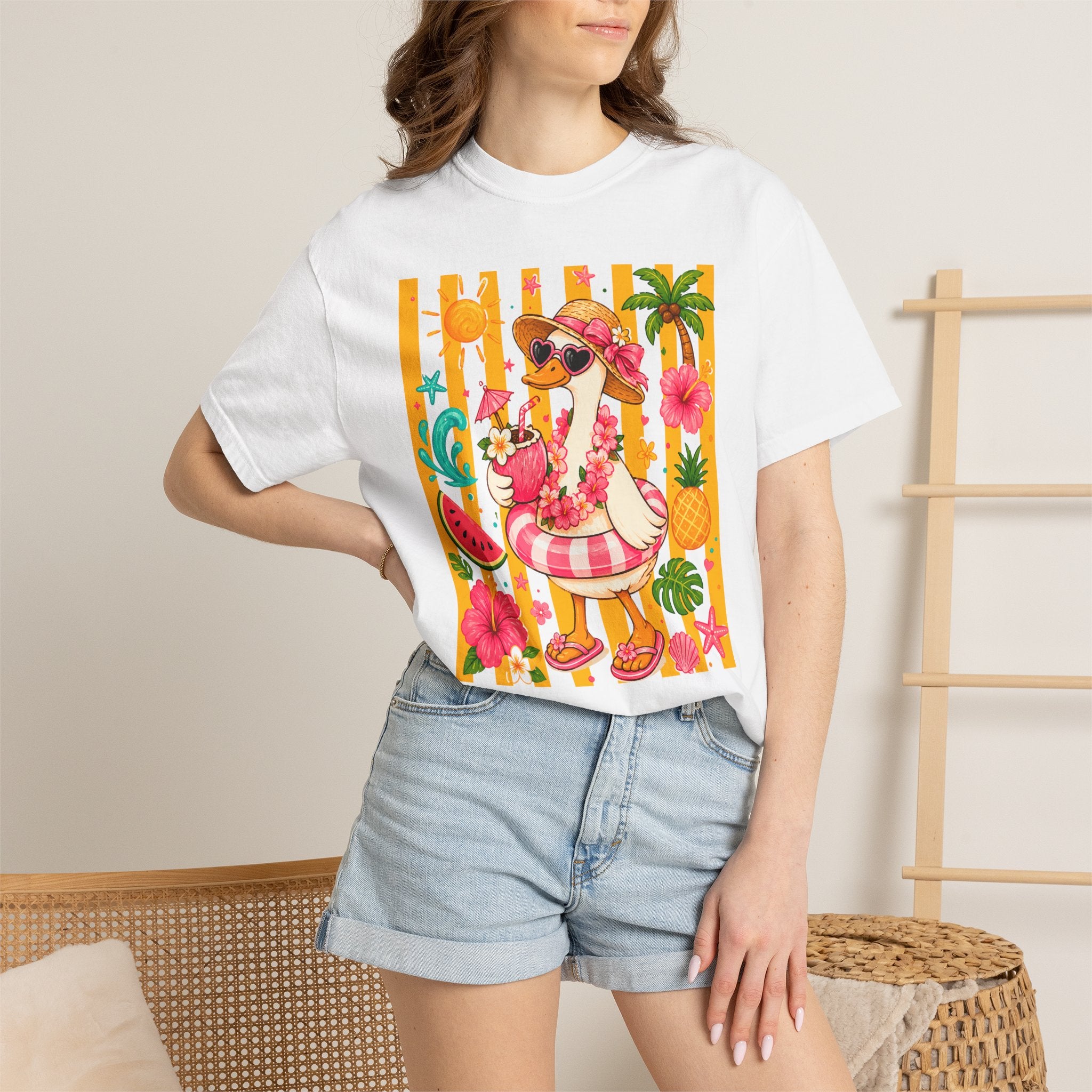 Silly Goose & Flamingo Tropical Beach Tee — Summer Vacation Shirt - Midnight Eye, LLC