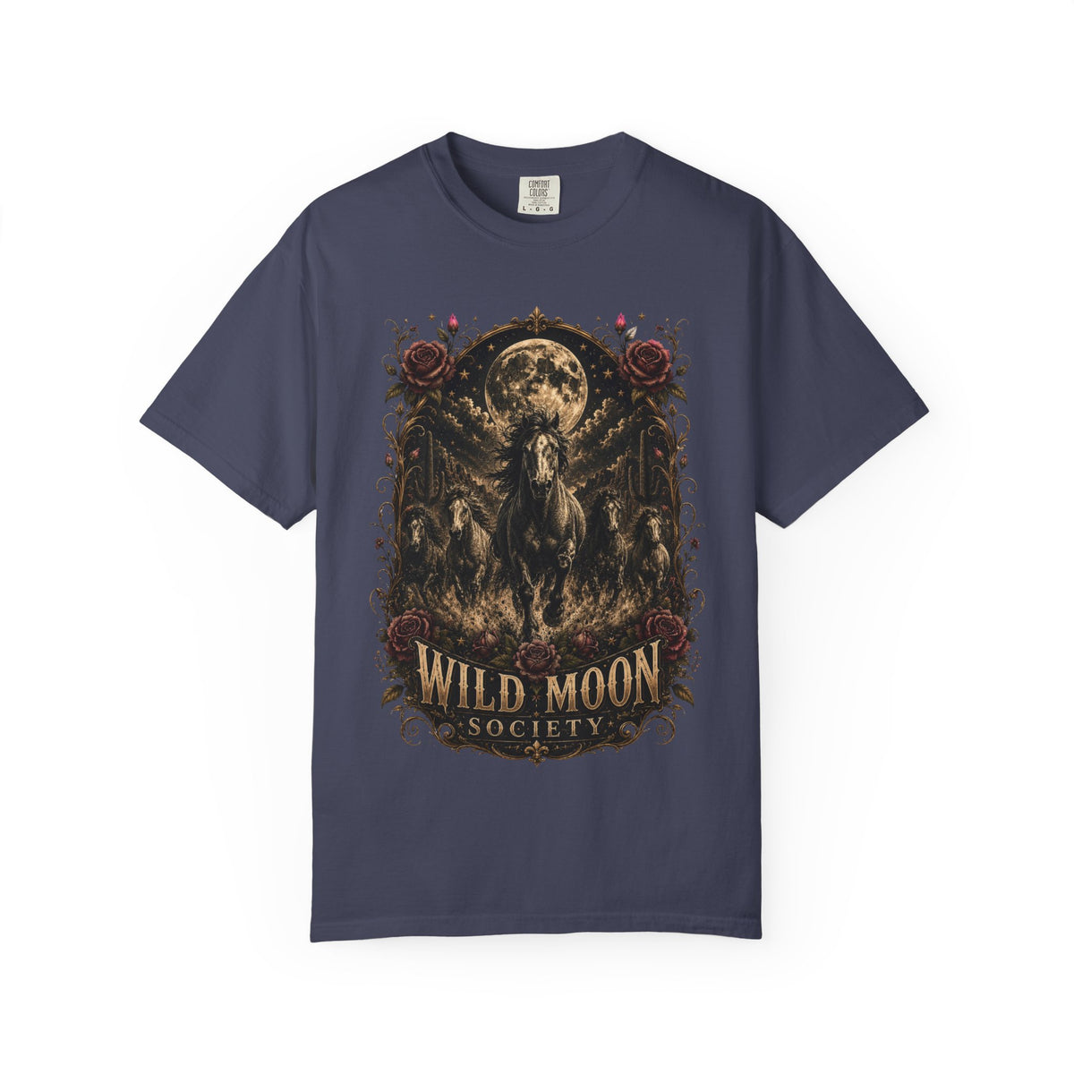 Wild Moon Society T-Shirt — Vintage Gothic Moon & Horse Graphic Tee. Midnight Eye, LLC.