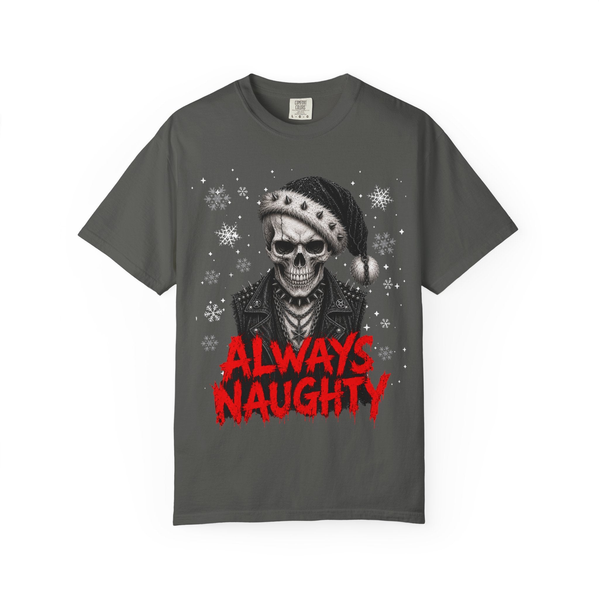 Skull with Santa Hat “Always Naughty” T-Shirt - Alternative & Gothic Christmas Tee. Midnight Eye, LLC 
