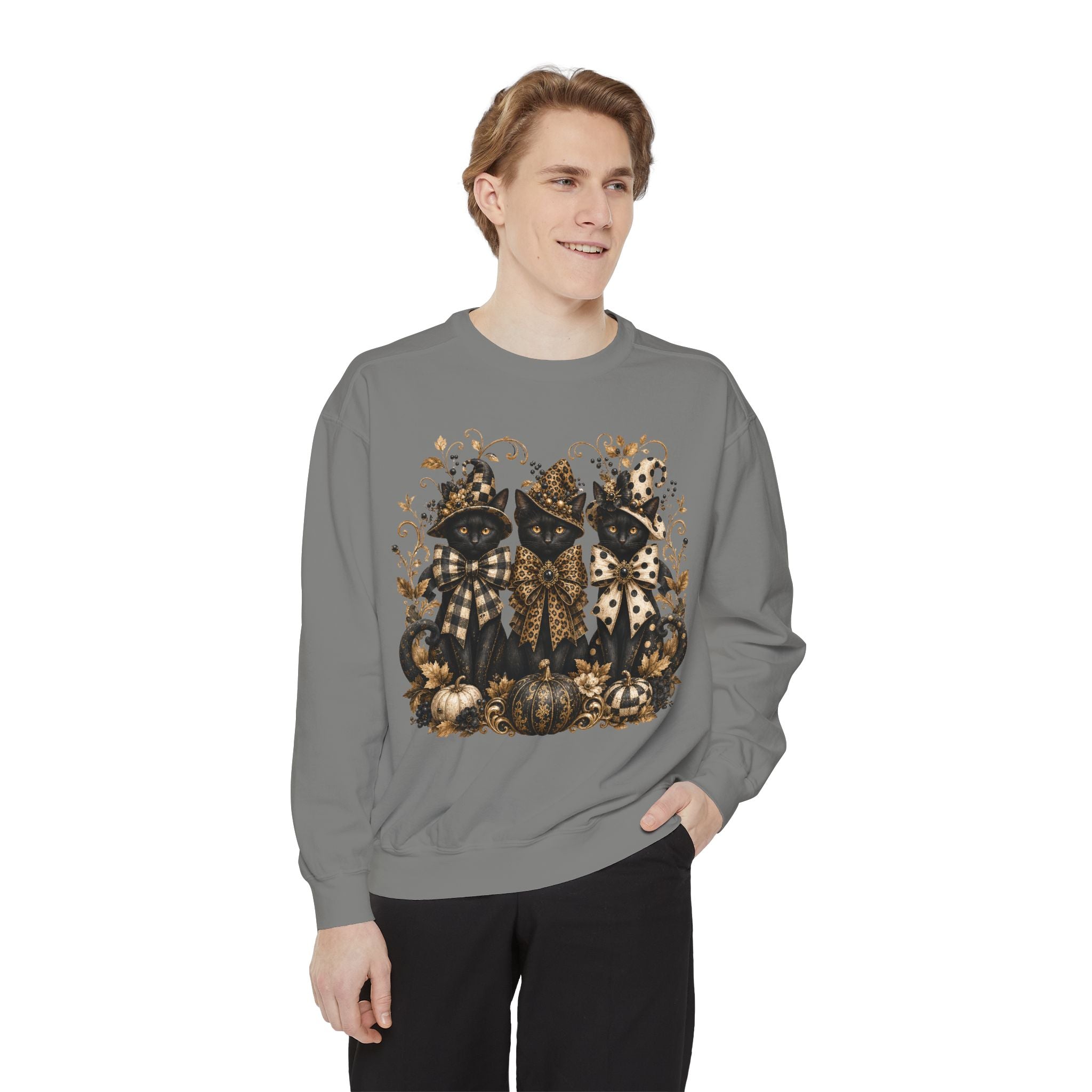 Fall Cats and Pumpkins Crewneck — Comfort Colors Unisex Fleece. Midnight Eye, LLC