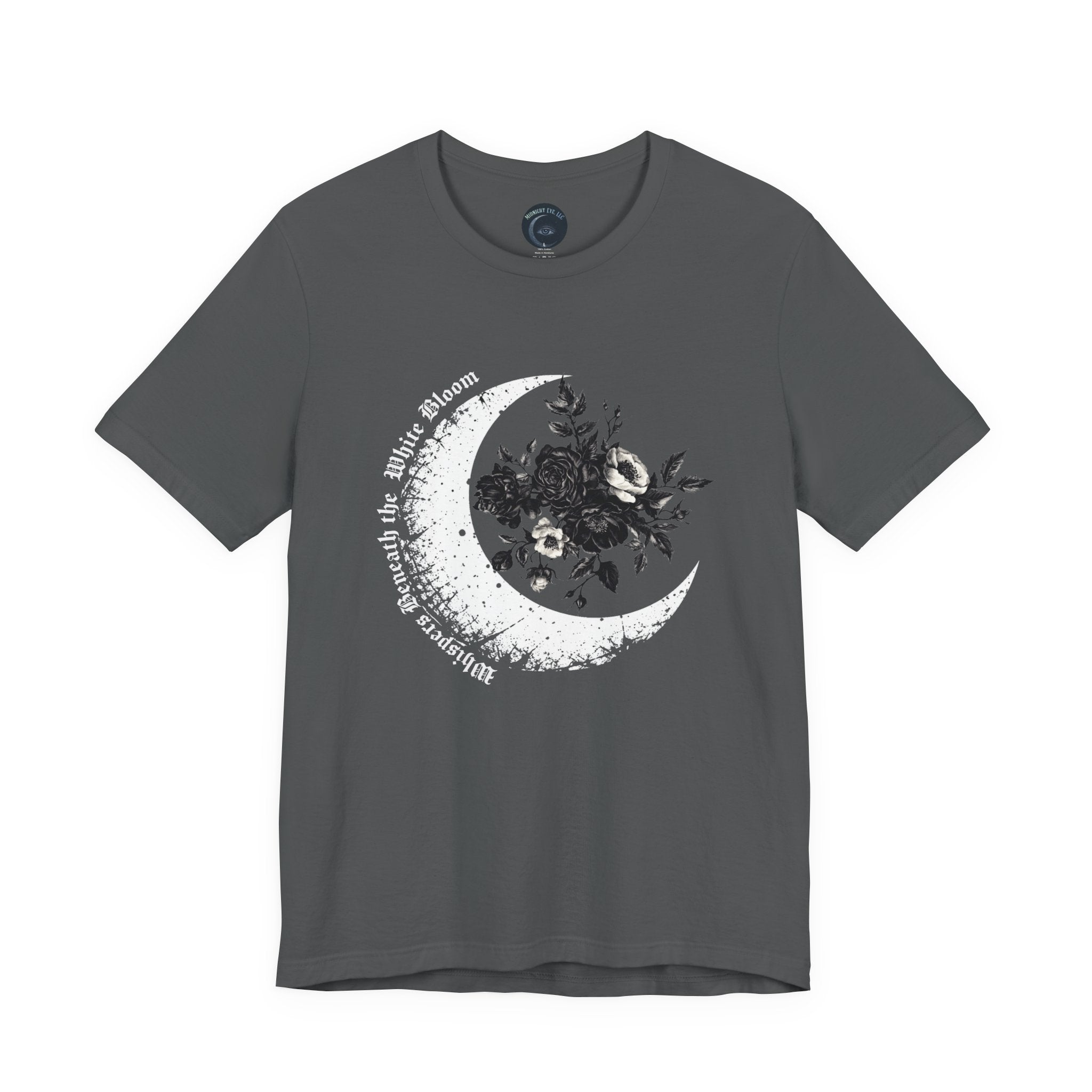 Navy blue t-shirt with a moon graphic and text on a white background
