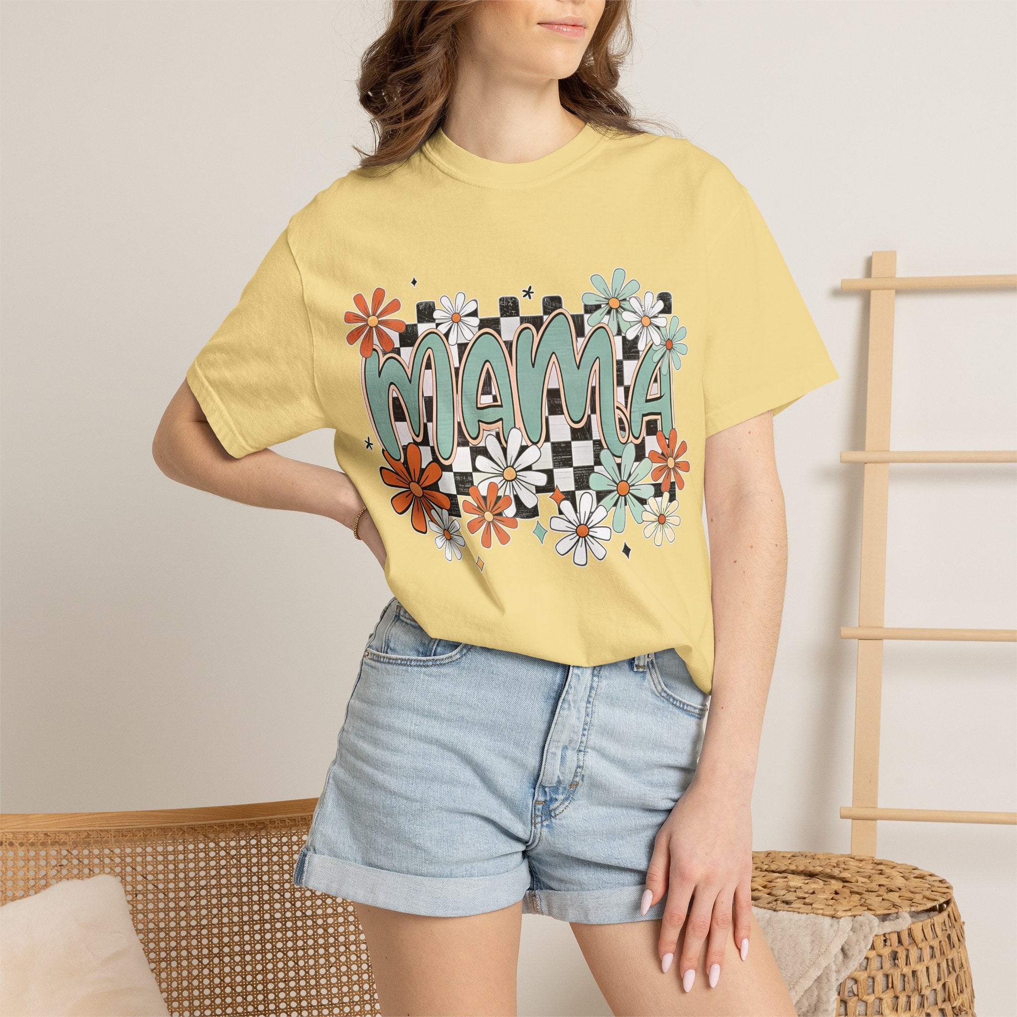 Mama Floral Graphic T-Shirt — Retro Checkerboard Mom Tee. Midnight Eye, LLC