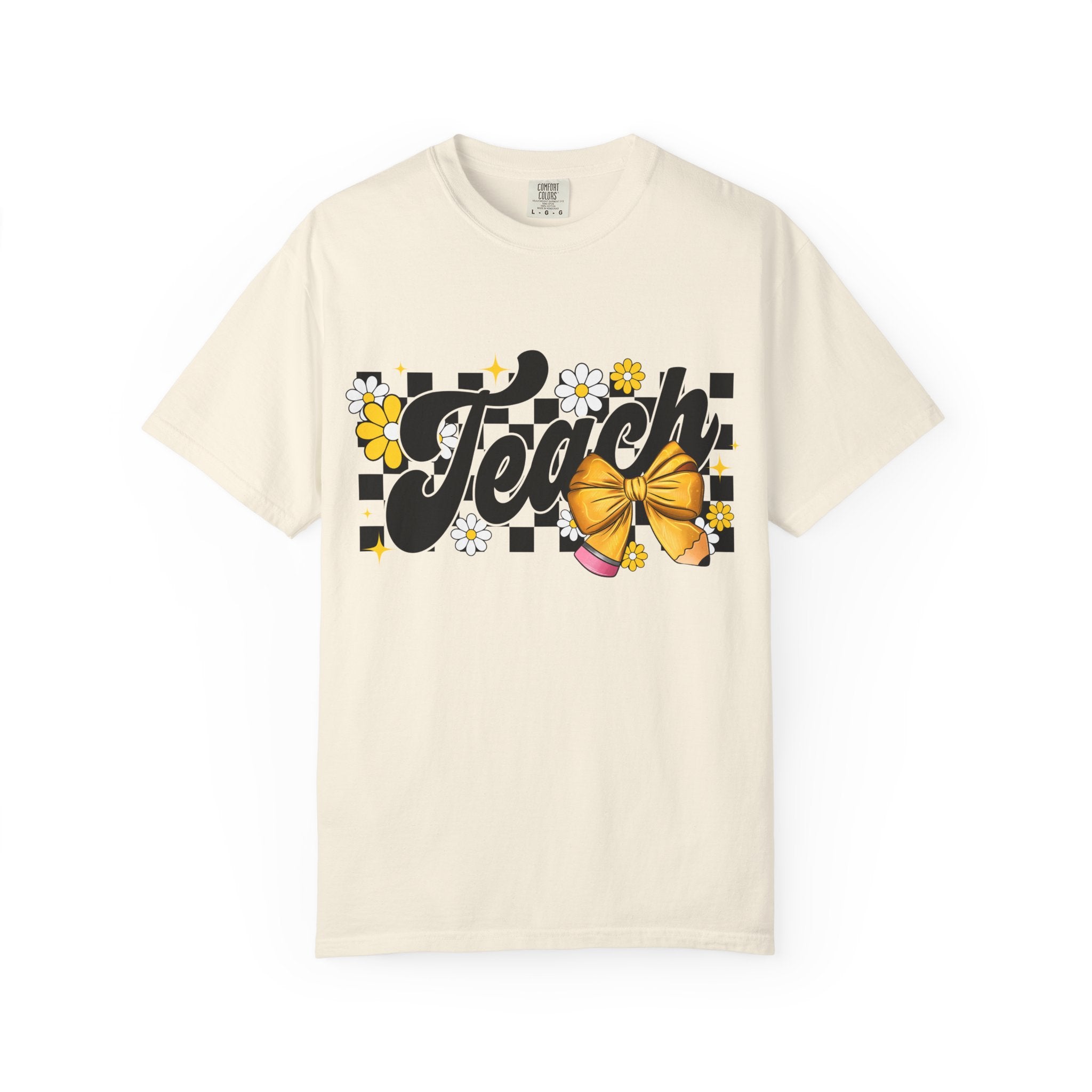 Teacher Floral Bow T-Shirt — 'Teach' Checkerboard Design