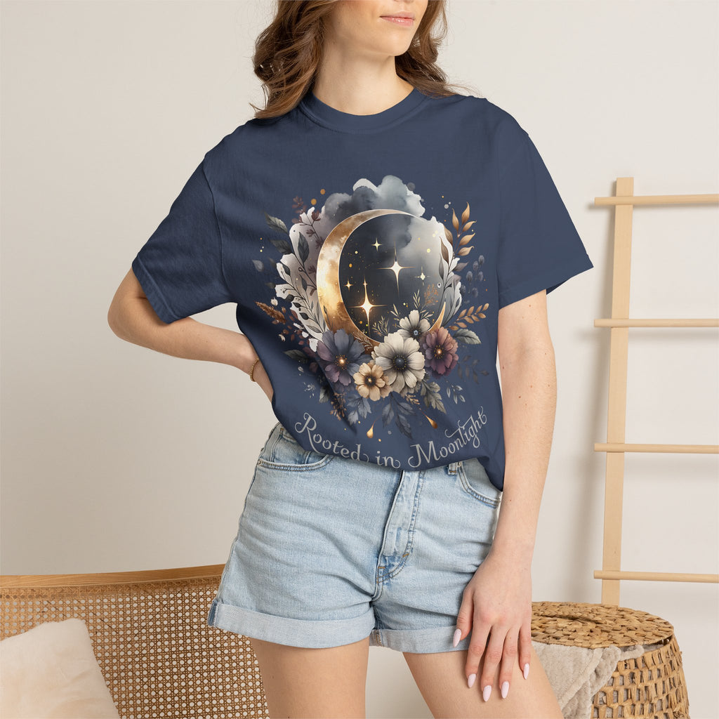 Moonlight Blooms T-Shirt — 'Rooted in Moonlight' Floral Crescent Moon Tee. Midnight Eye, LLC