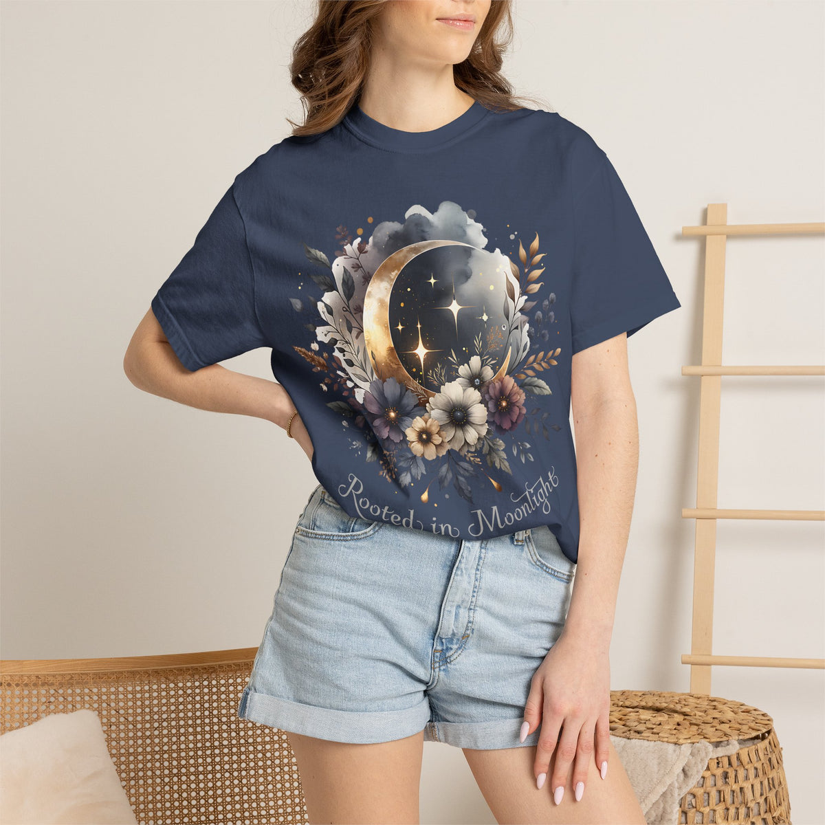 Moonlight Blooms T-Shirt — 'Rooted in Moonlight' Floral Crescent Moon Tee. Midnight Eye, LLC