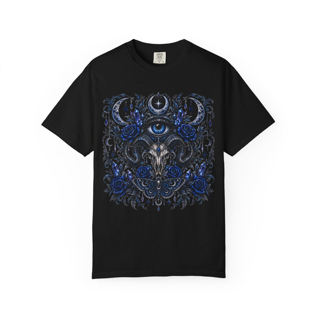 Mystical Blue Floral Eye Graphic T-Shirt - Whimsical Moon and Eye Tee